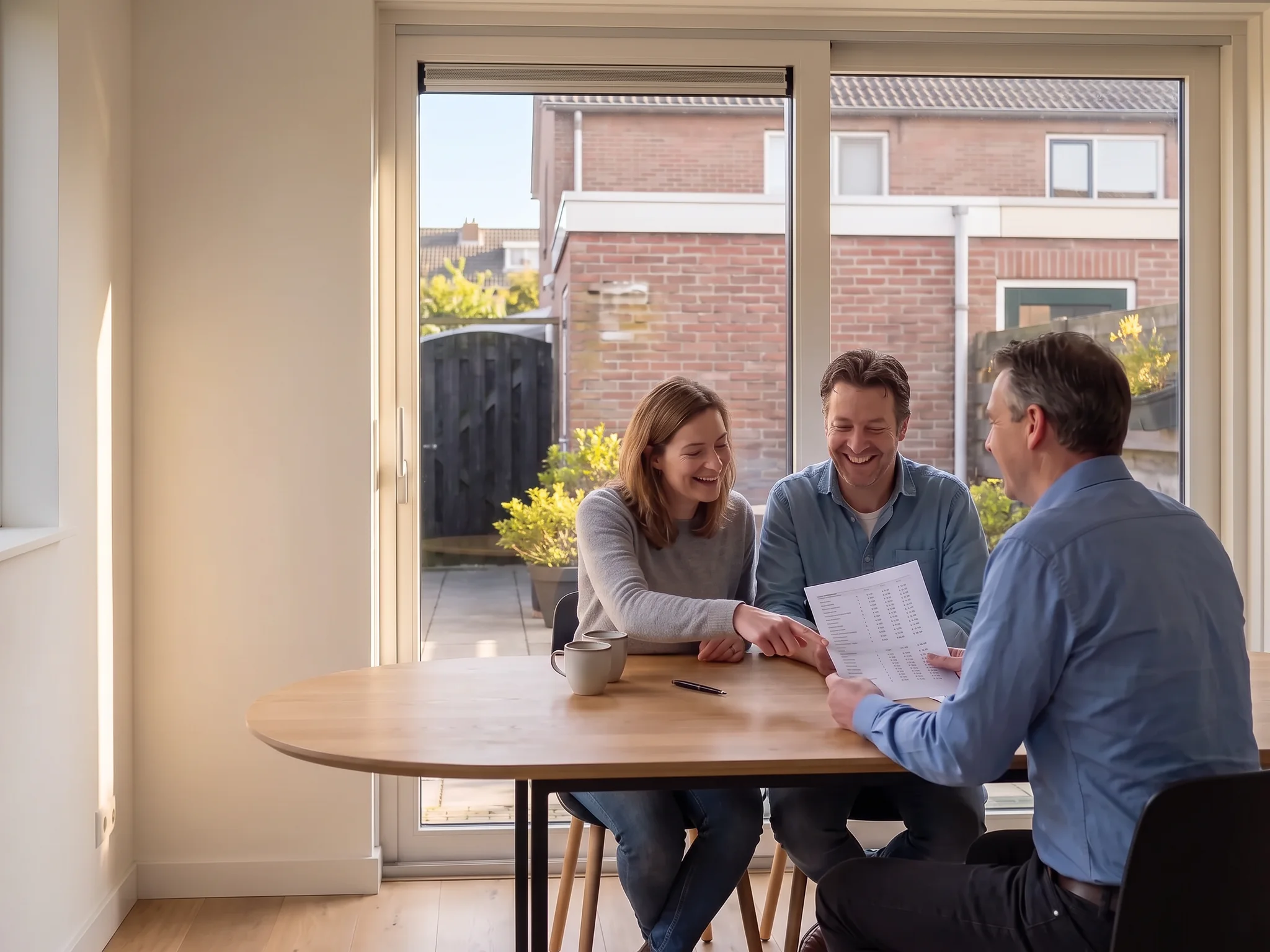 Een klant en een adviseur van ons bespreken aan tafel de begroting van een aanbouw