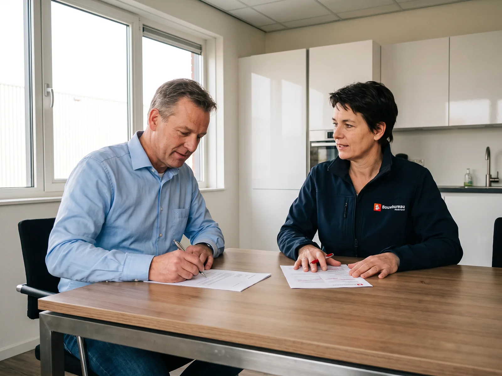 Een ondernemer tekent zelf een stuk voor de bouw van zijn bedrijfspand; onze bouwkundige legt naast hem uit wat zij op een tweede blad heeft aangestreept