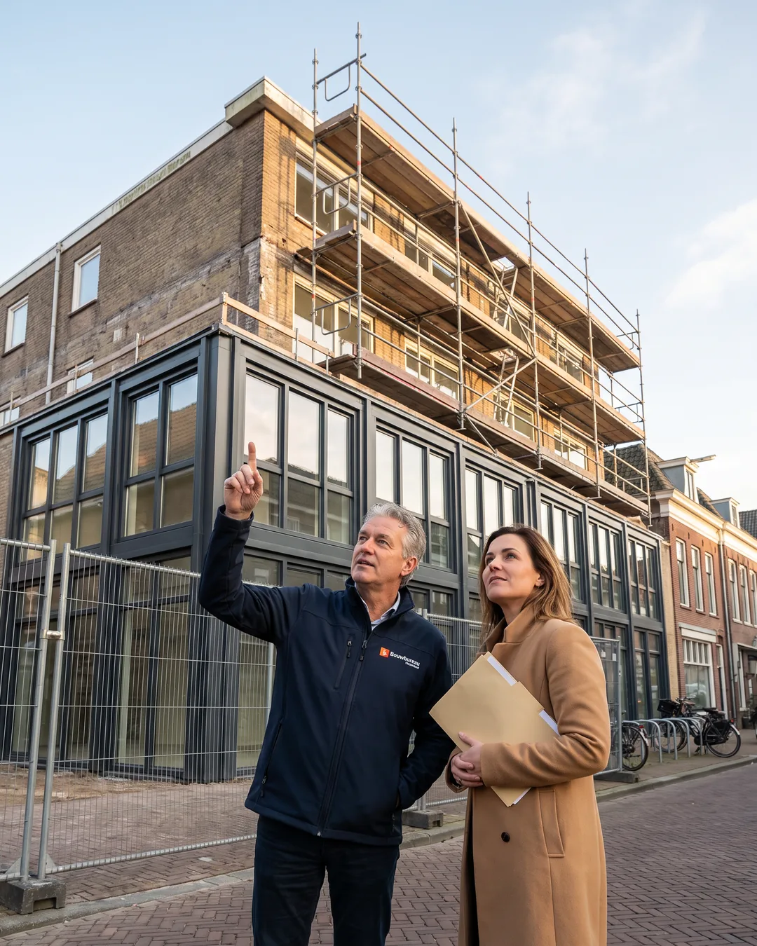 Onze bouwkundige en een belegger kijken vanaf de stoep naar een kantoorgebouw dat appartementen wordt, met nieuwe kozijnen en een steiger