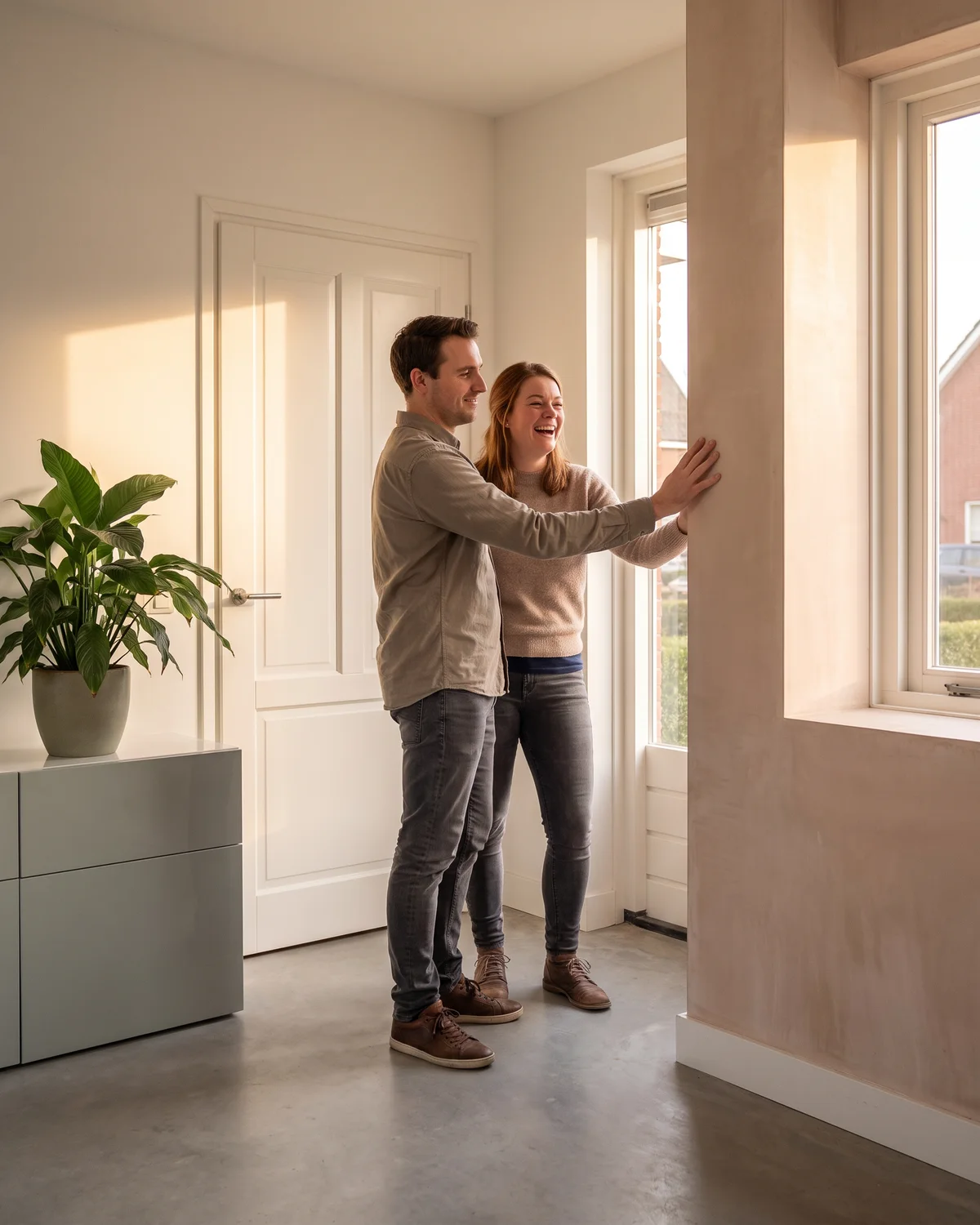 Een stel in hun woonkamer met vers gestucte muur, opgelucht, in warm middaglicht