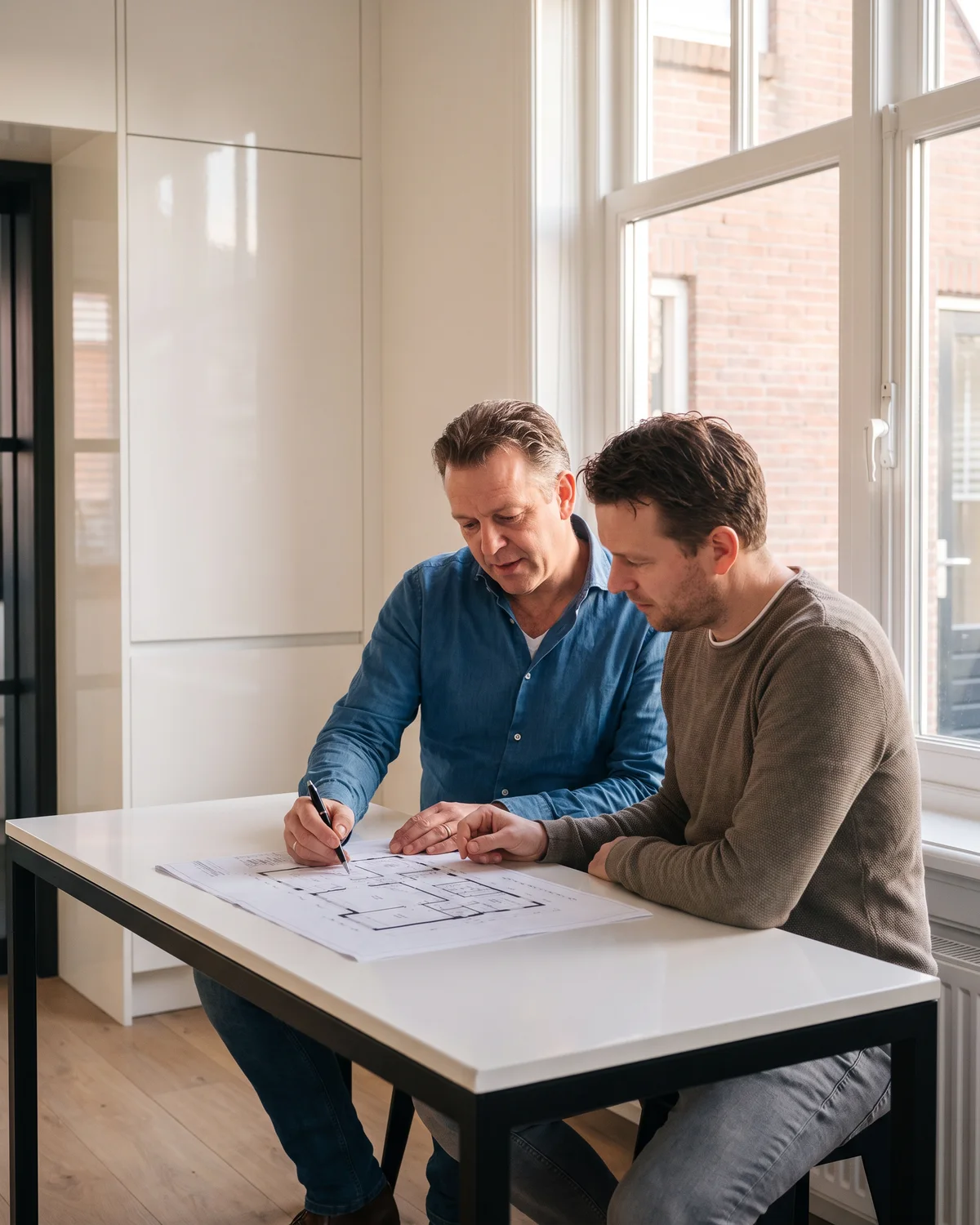 Onze adviseur en een eigenaar aan tafel, samen kijkend naar een plattegrond