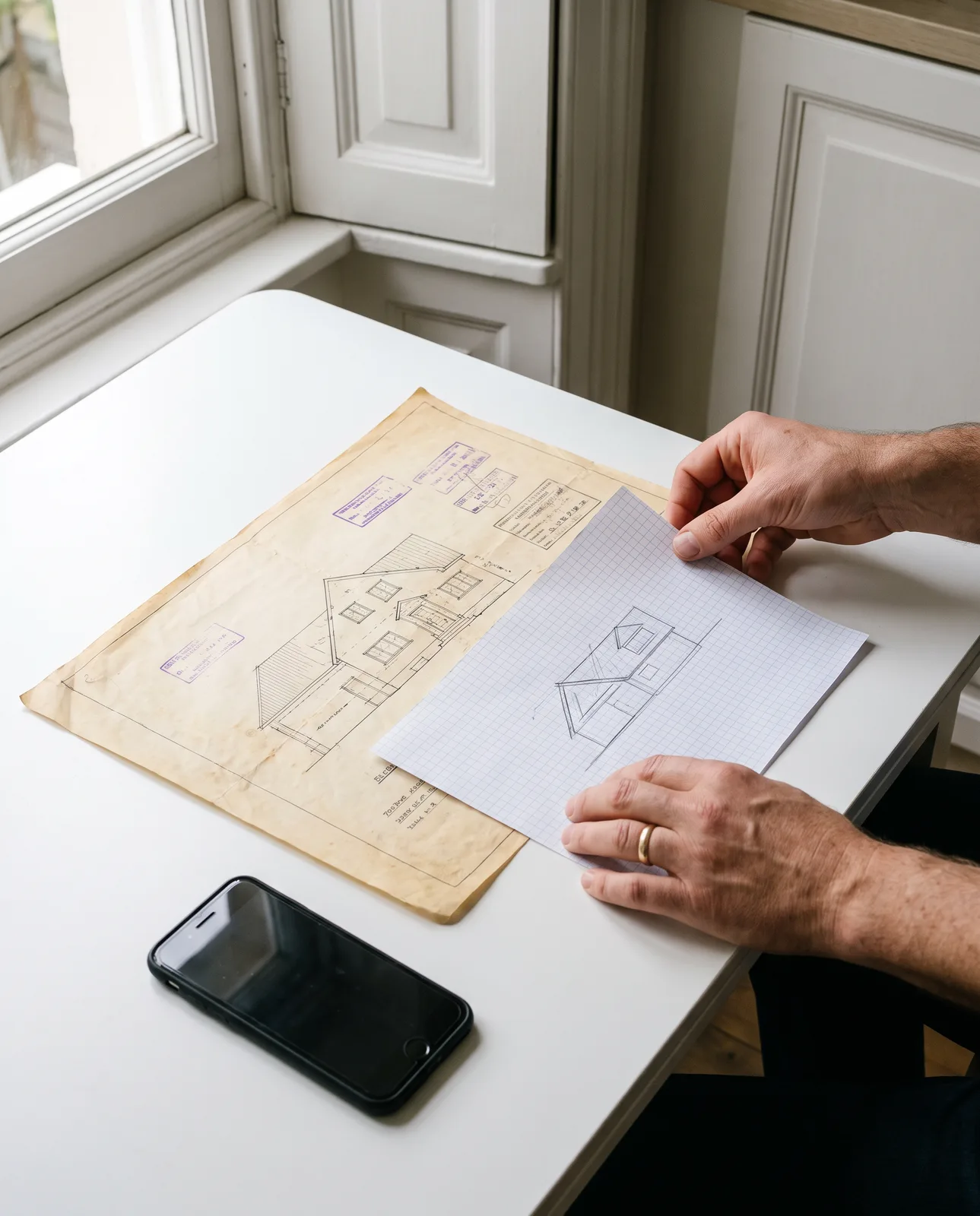 Handen leggen een eigen schets van een opbouw naast de oude tekening van het huis