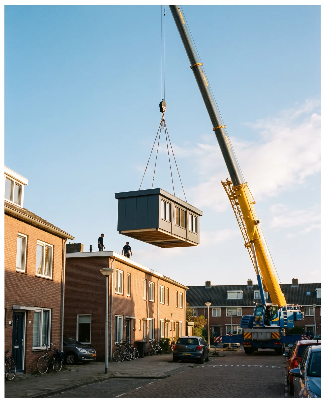 Een kraan zet een prefab dakopbouw op een rijwoning