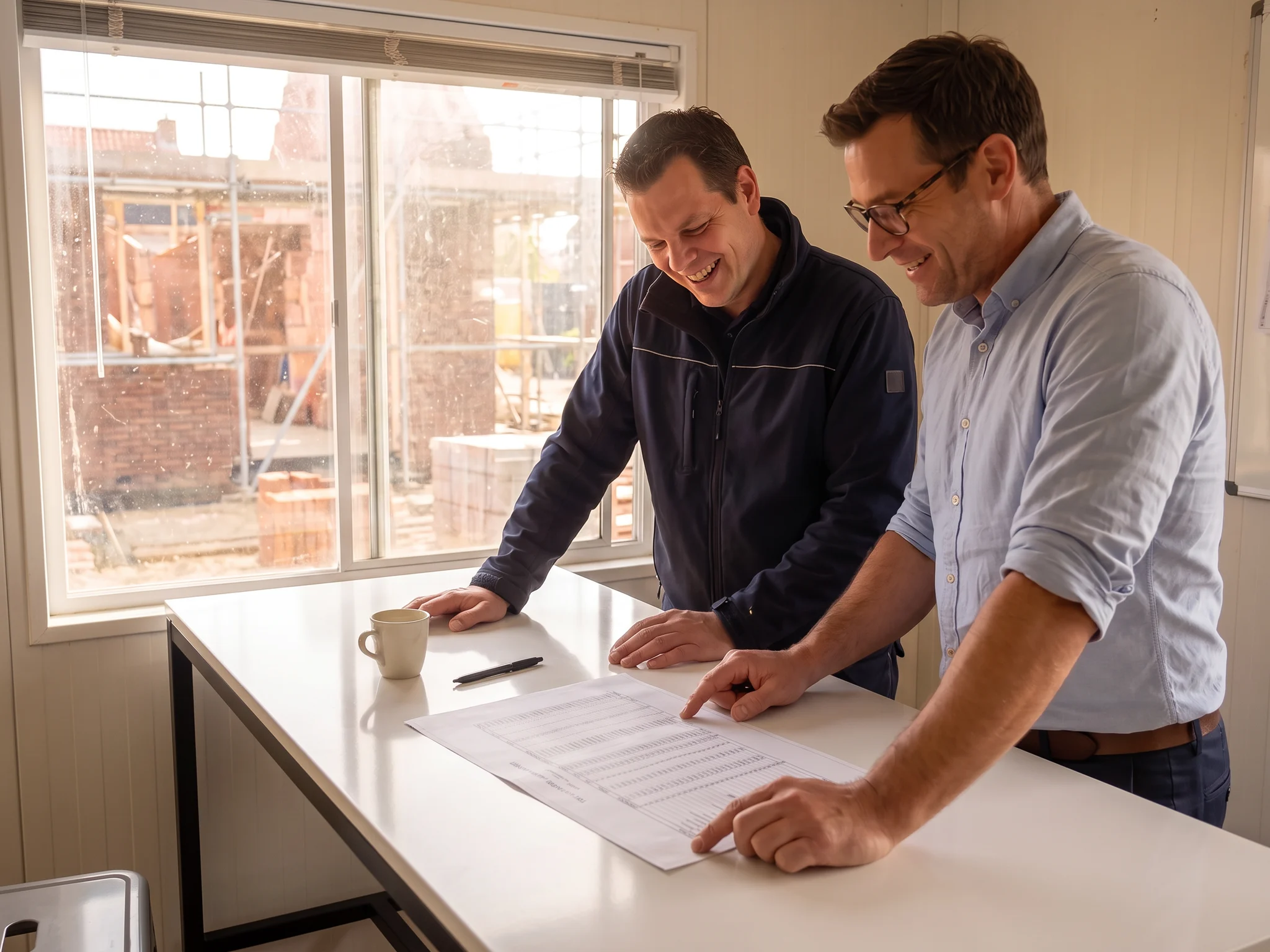 Een calculator van ons loopt in de projectkeet met de directeur van een bouwbedrijf een uitgeprinte begroting door