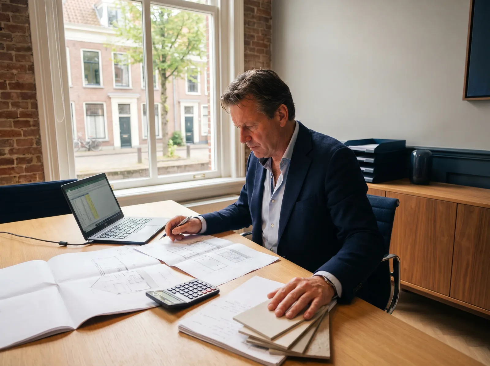 Een calculator rekent aan een bureau met tekeningen, een rekenmachine en een laptop
