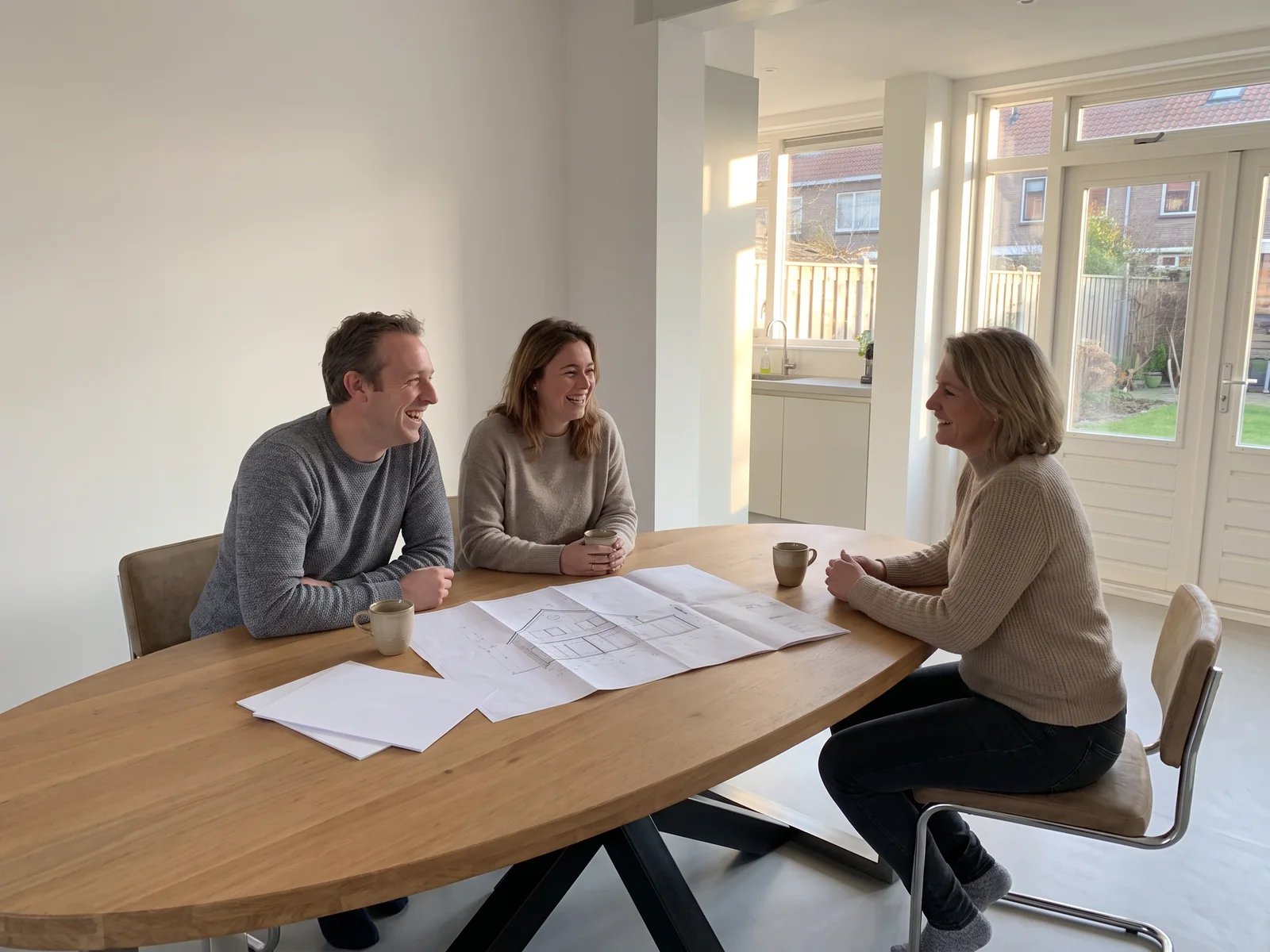 Drie mensen aan een ovale tafel met tekeningen