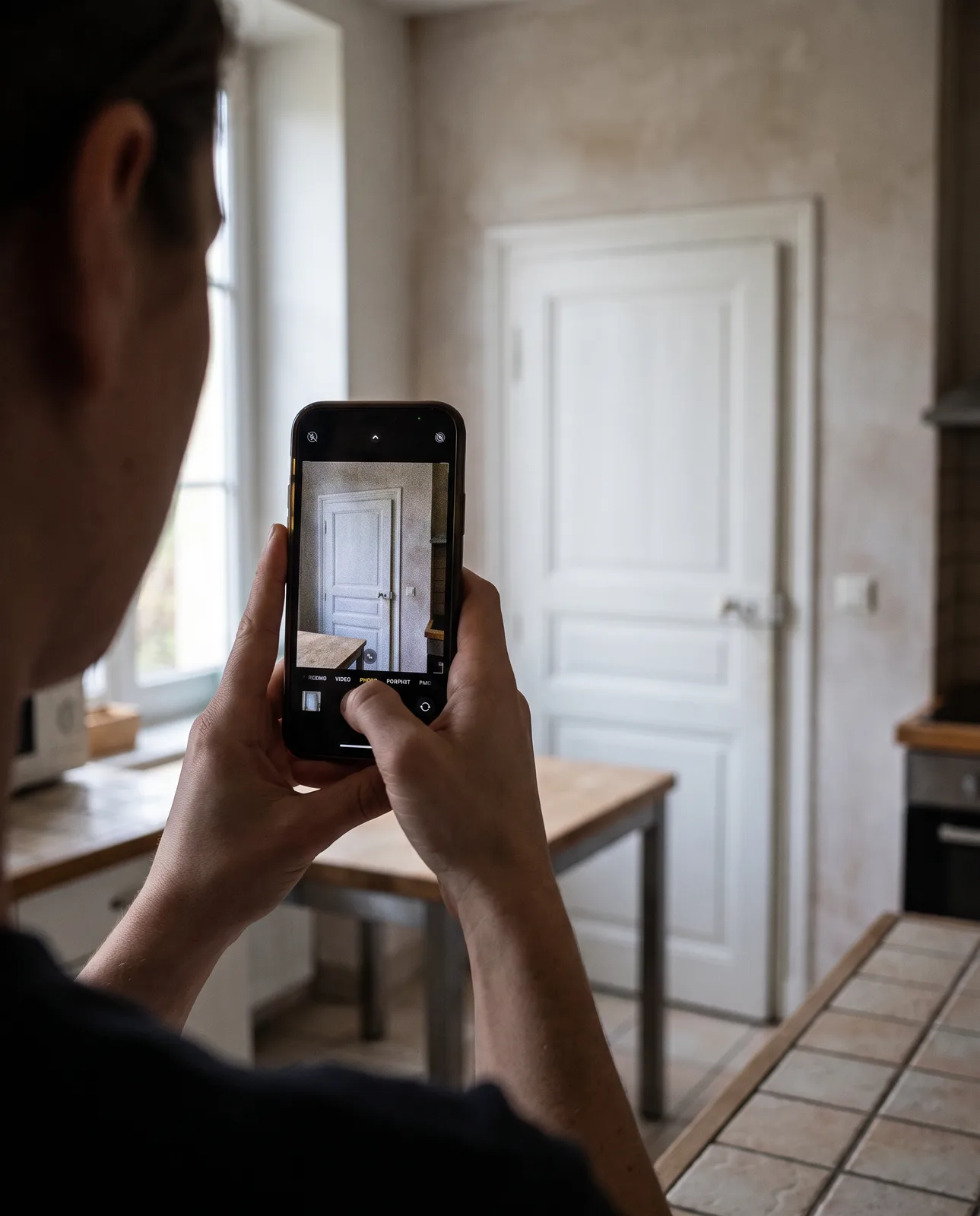 Handen die met een telefoon een foto maken van een muur tussen keuken en kamer