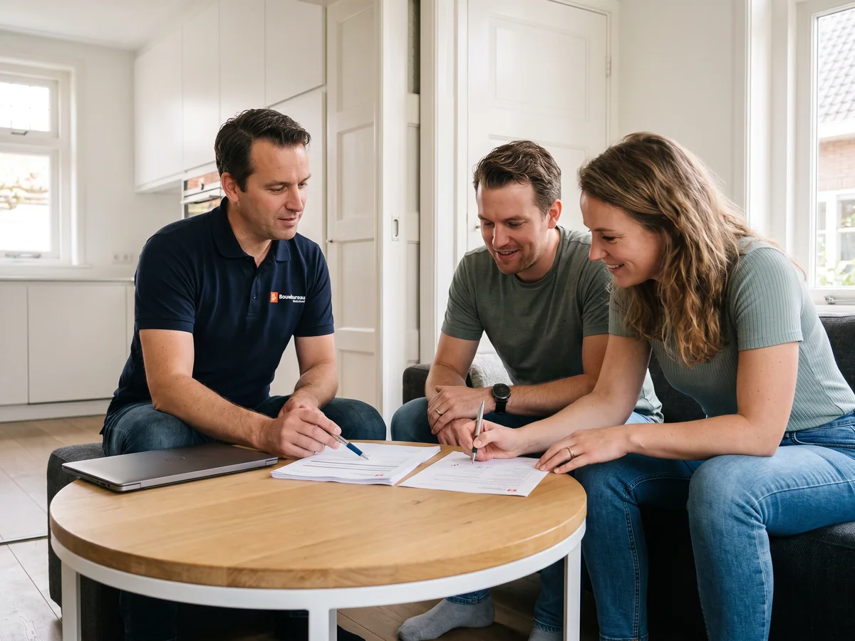 Onze adviseur neemt aan tafel een offerte door met de bewoners