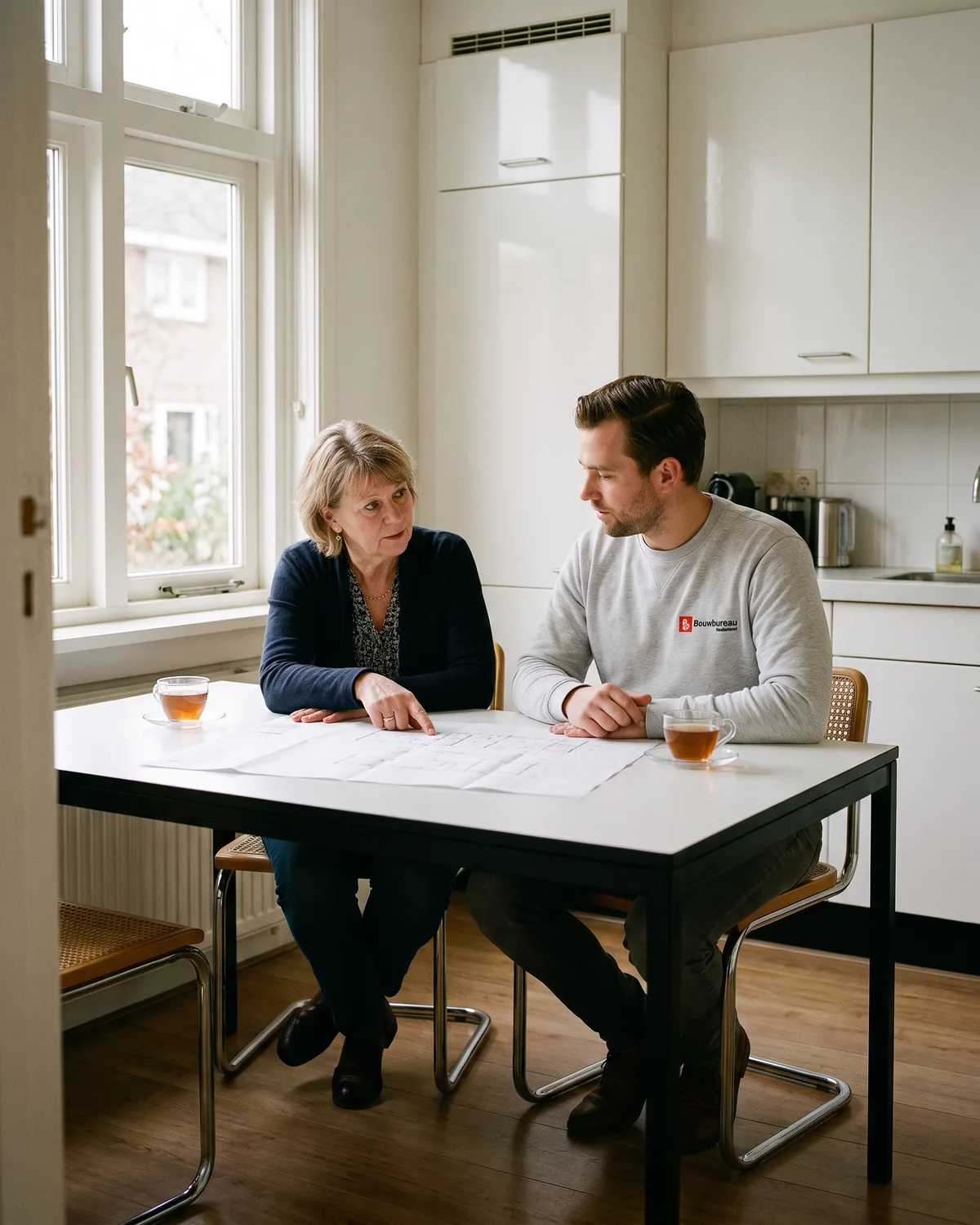 Onze adviseur in gesprek met een vrouw aan haar keukentafel