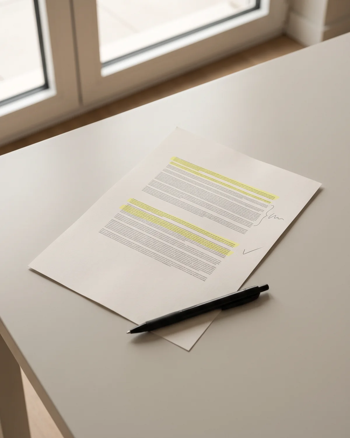Een contract met gemarkeerde artikelen en een pen