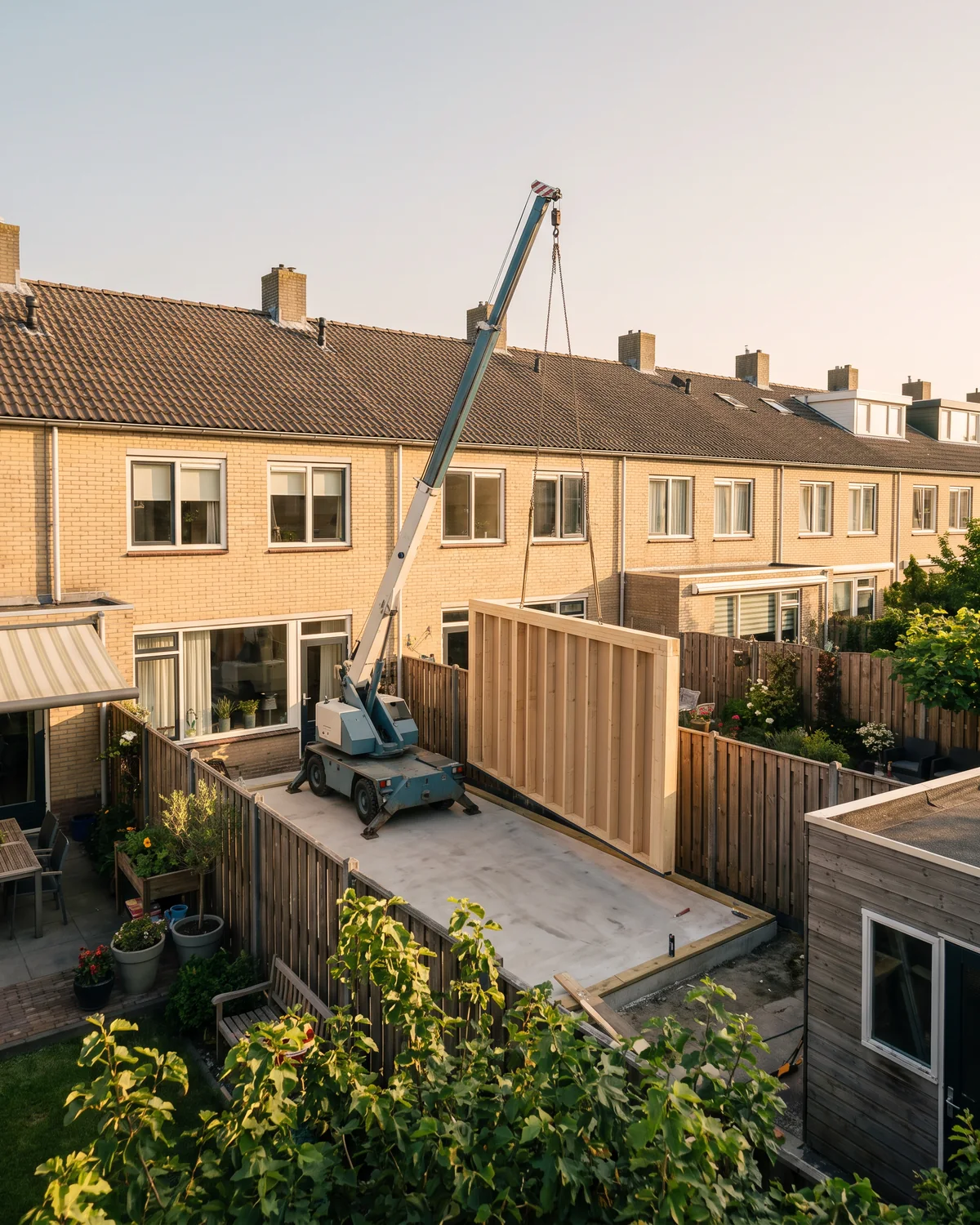 Een rijwoning waar de bouw van een aanbouw begint, met prefab wanden aan de kraan