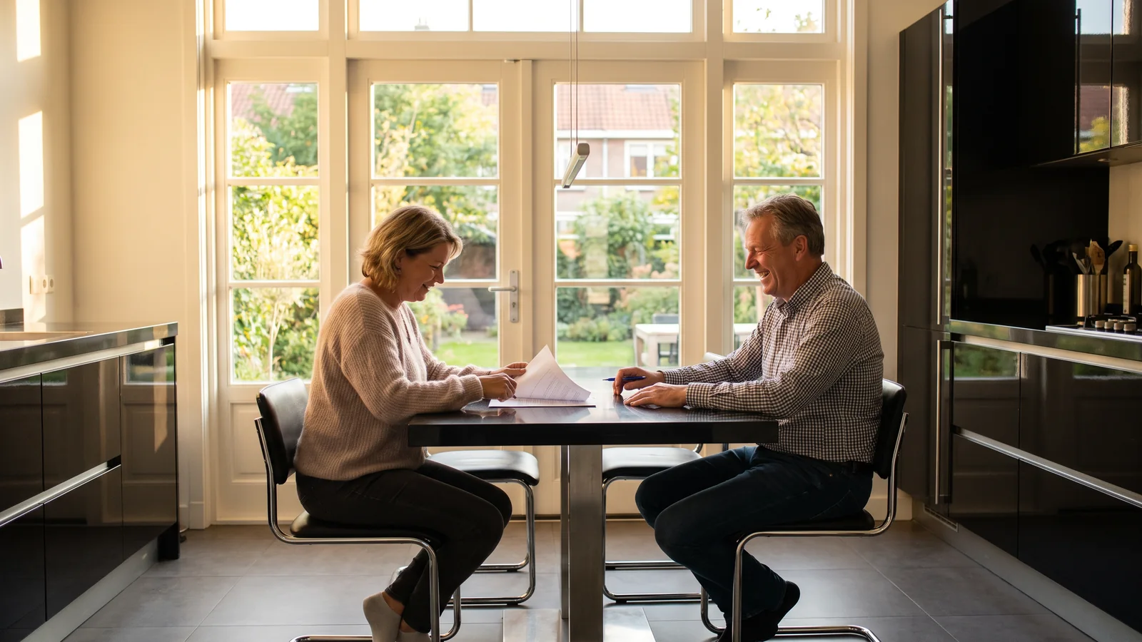 Bewoners tekenen ontspannen een contract aan de keukentafel