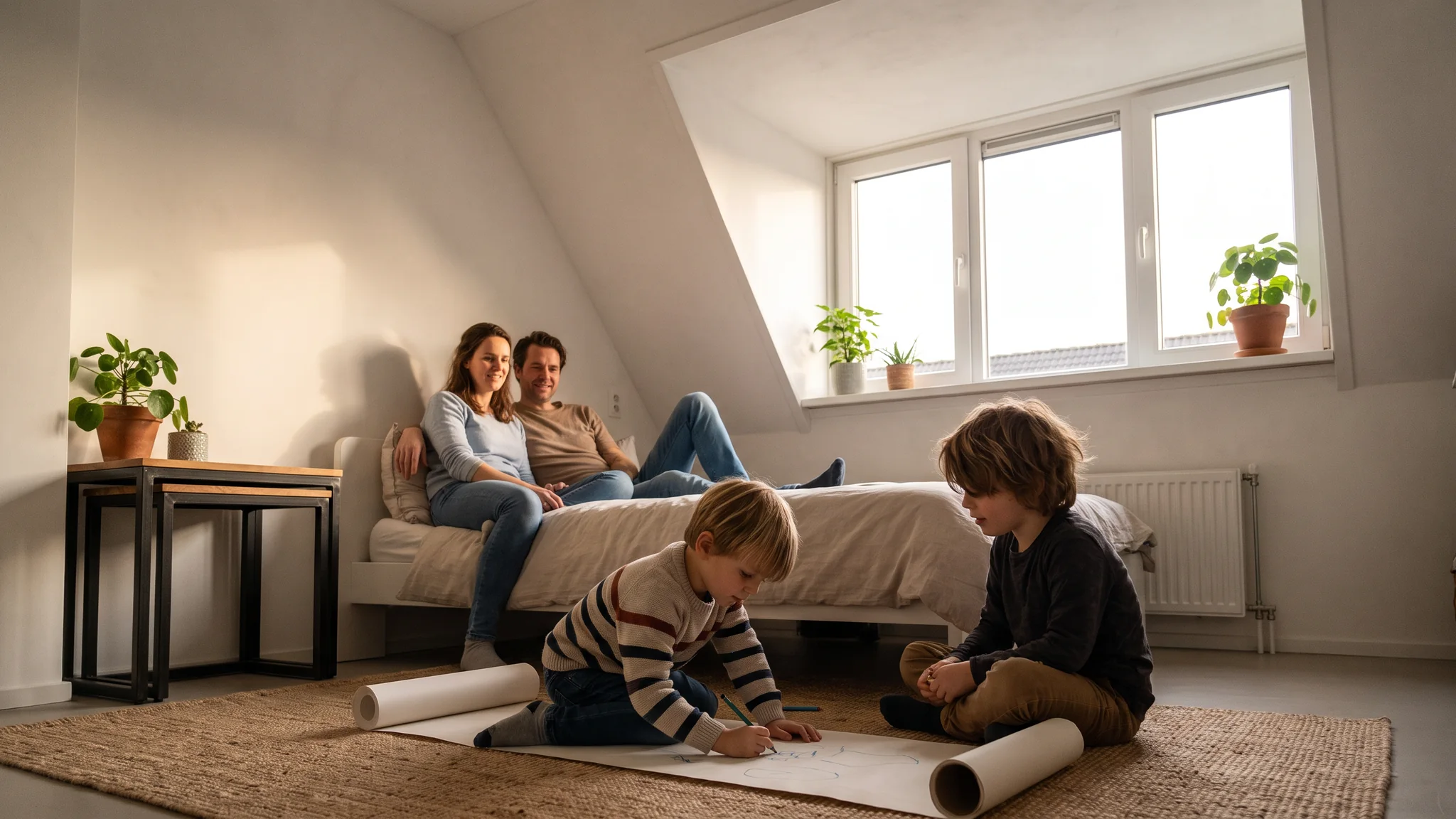 Een gezin op de lichte zolder onder de nieuwe dakkapel