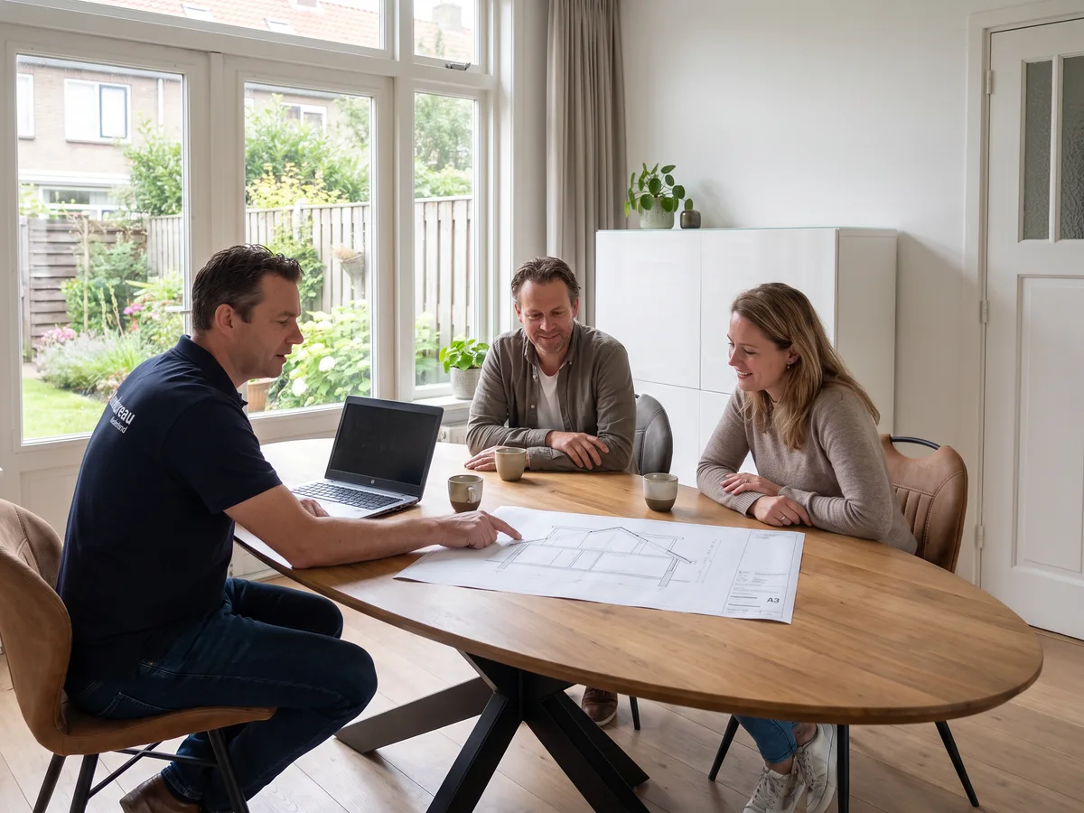 Onze adviseur bespreekt aan de keukentafel de tekening van een dakkapel met de bewoners