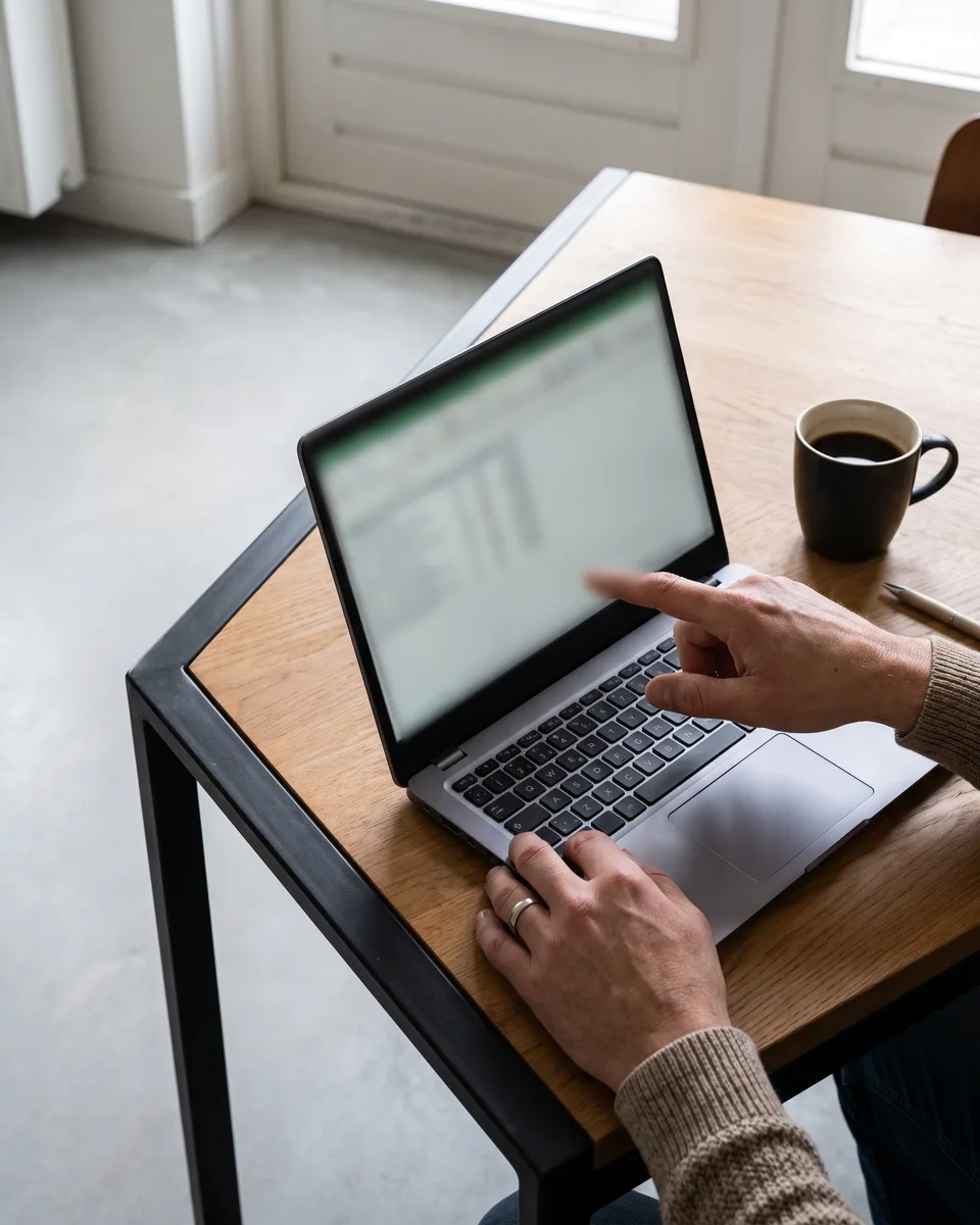Handen op een laptop met een begroting, een hand wijst een regel aan
