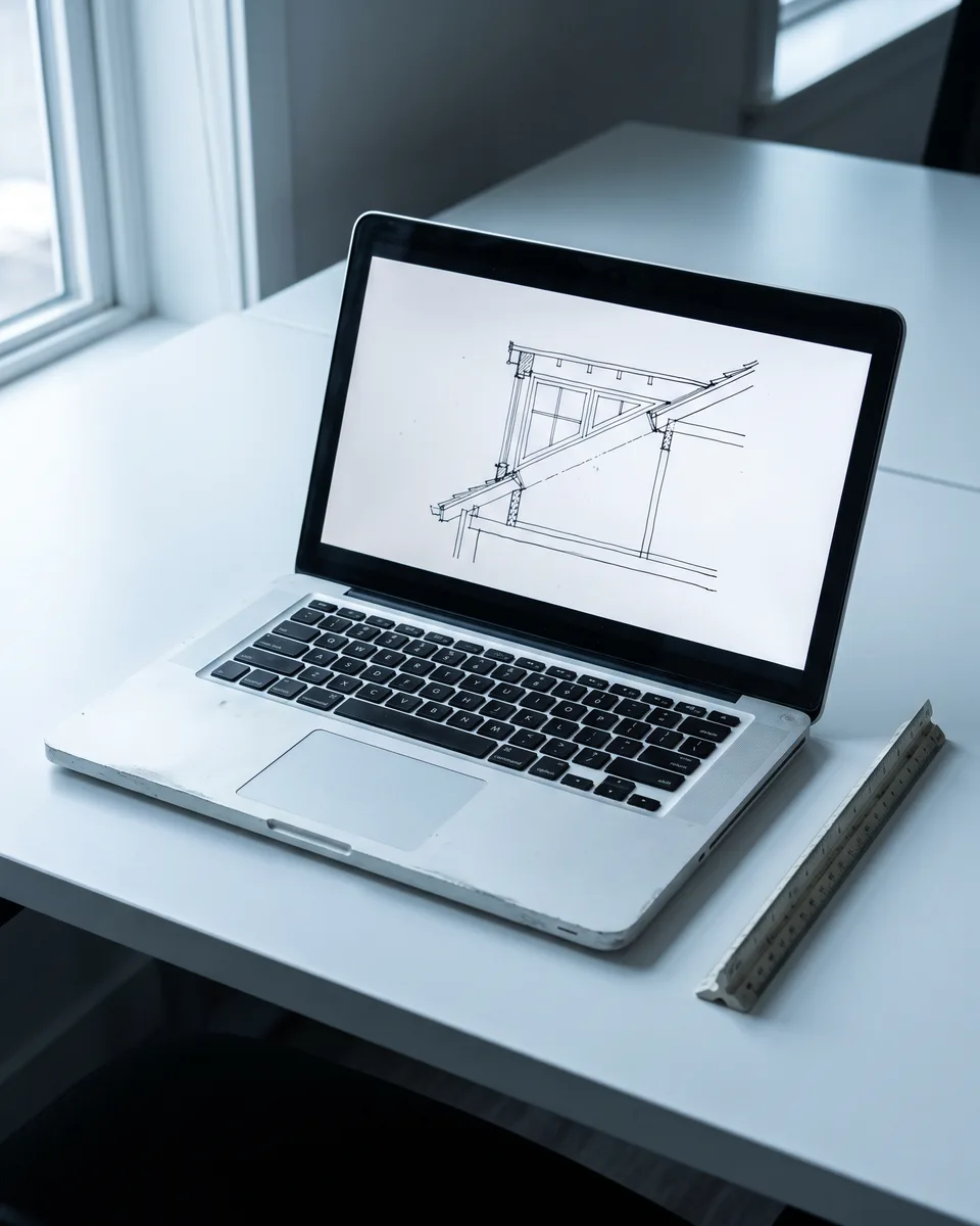 Een tekening van een dakkapel in doorsnede op een laptopscherm, van dichtbij