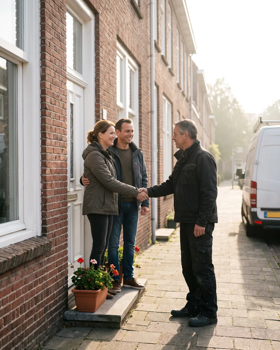 Een bouwer geeft de bewoners een hand bij de voordeur van hun rijwoning