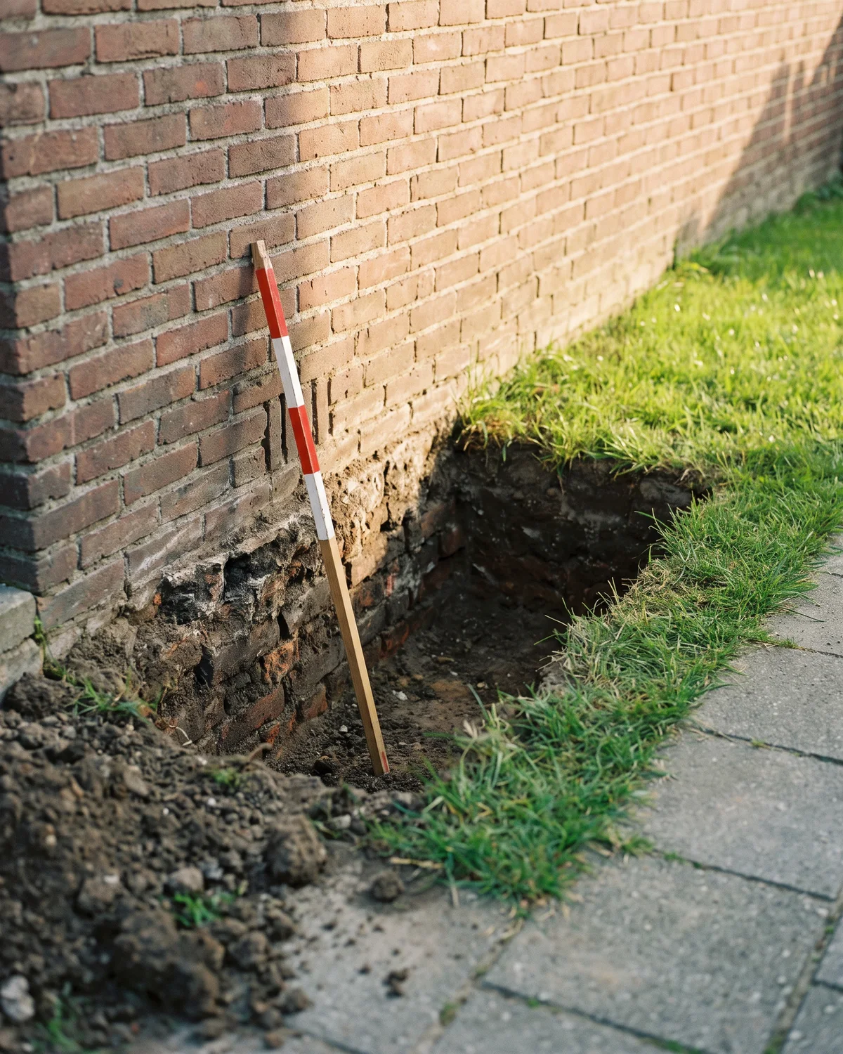 Een proefsleuf naast de achtergevel, waarin de gemetselde fundering te zien is