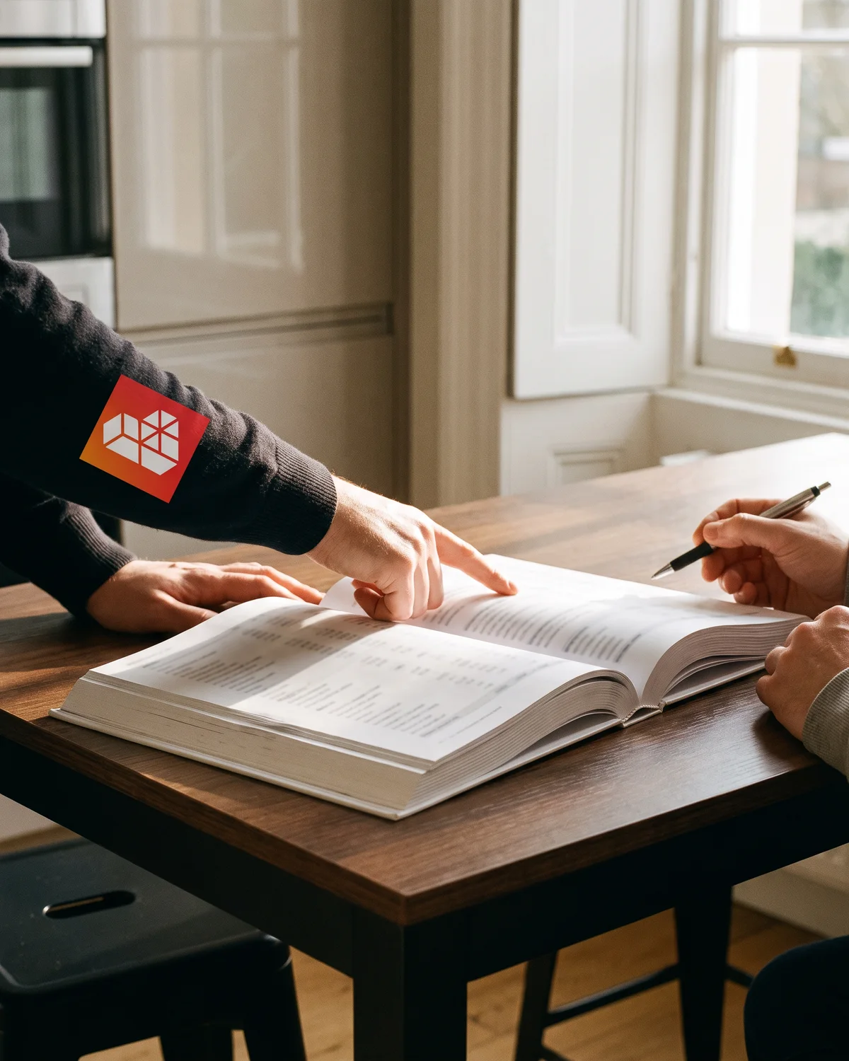 Onze adviseur wijst een post aan in de begroting; de klant houdt een pen vast