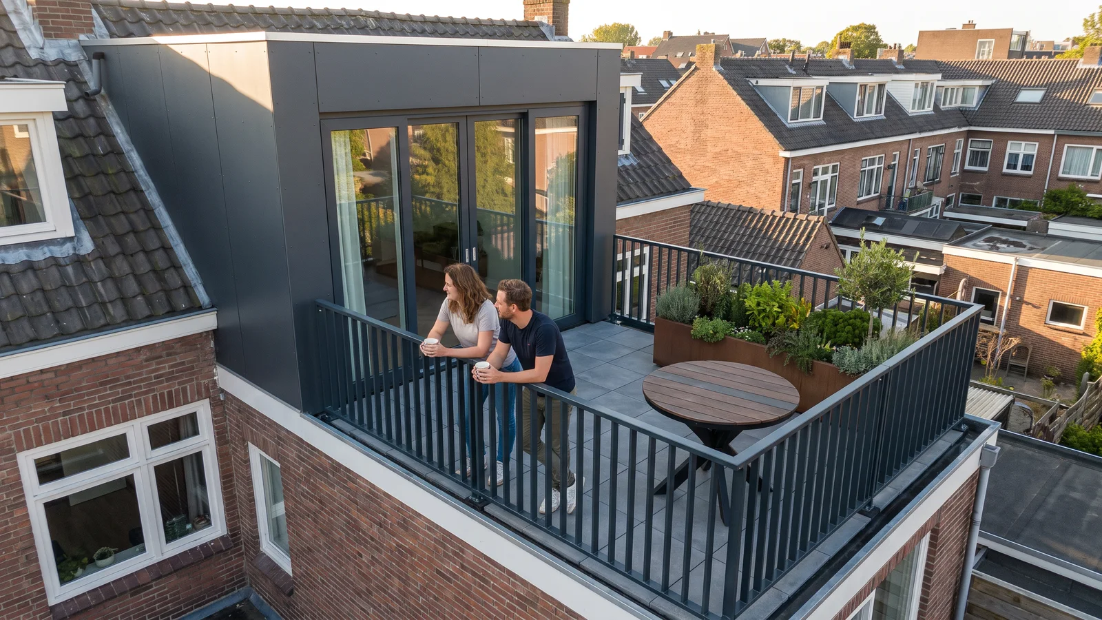 Twee bewoners met koffie op het dakterras naast hun nieuwe opbouw, uitkijkend over de daken