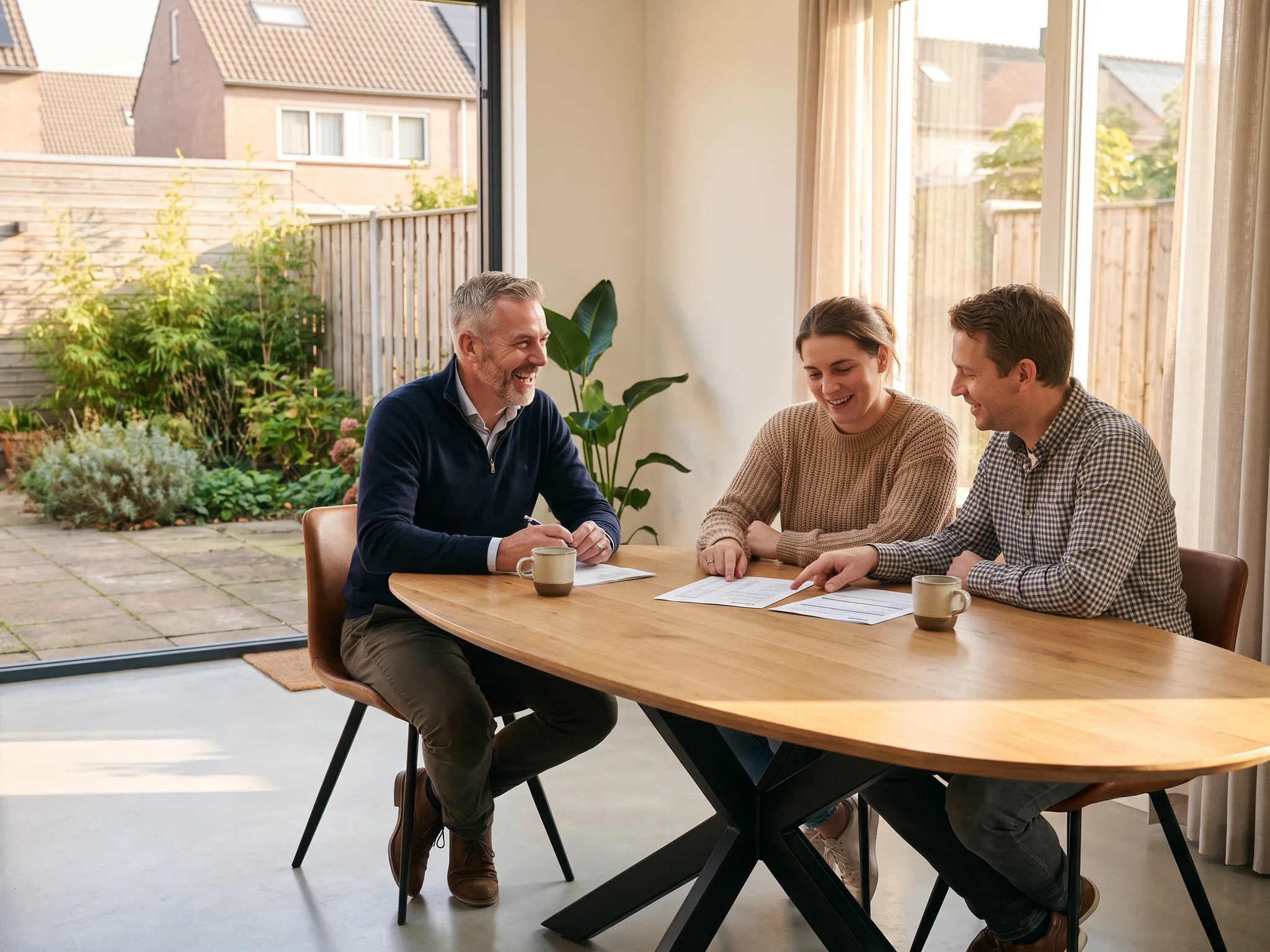 Een stel bespreekt aan een ovale tafel de begroting van hun verbouwing met een adviseur van ons