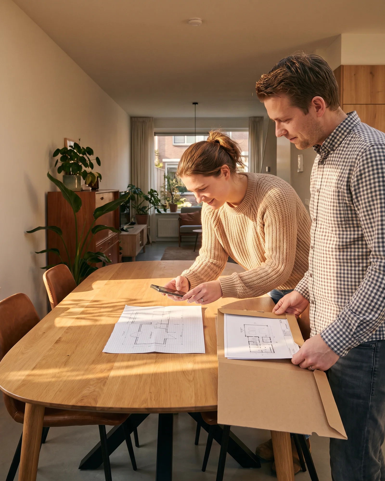 Een vrouw maakt aan de keukentafel foto's van een schets op ruitjespapier