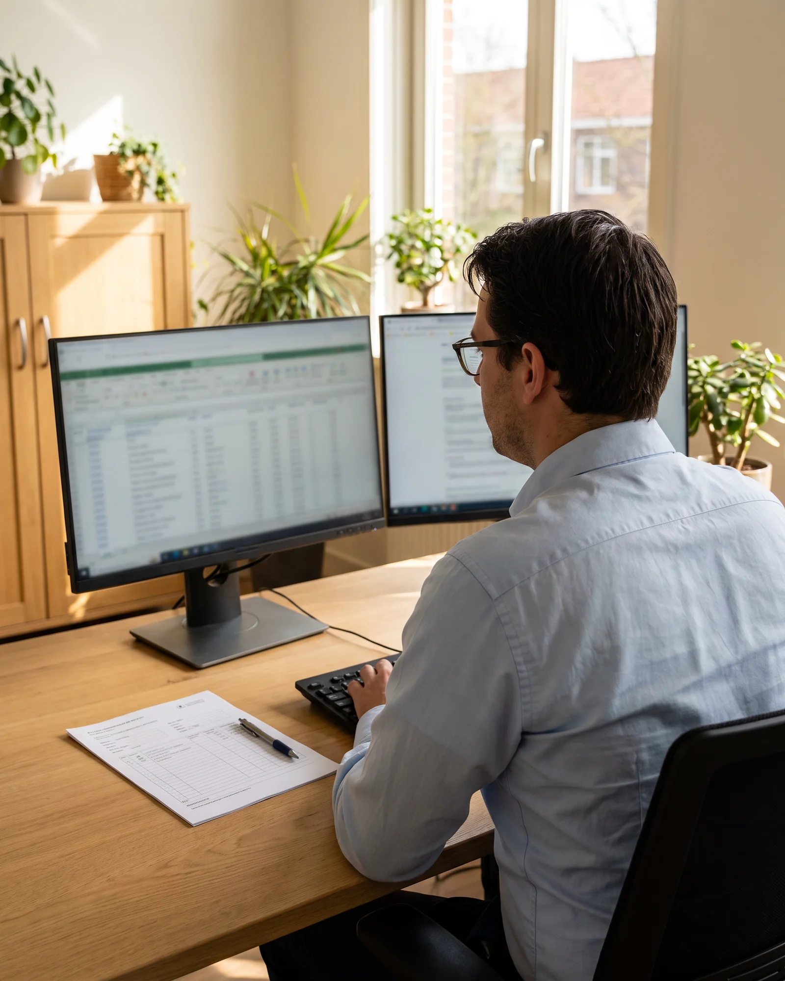 Een calculator van ons loopt aan zijn bureau een begroting per post na