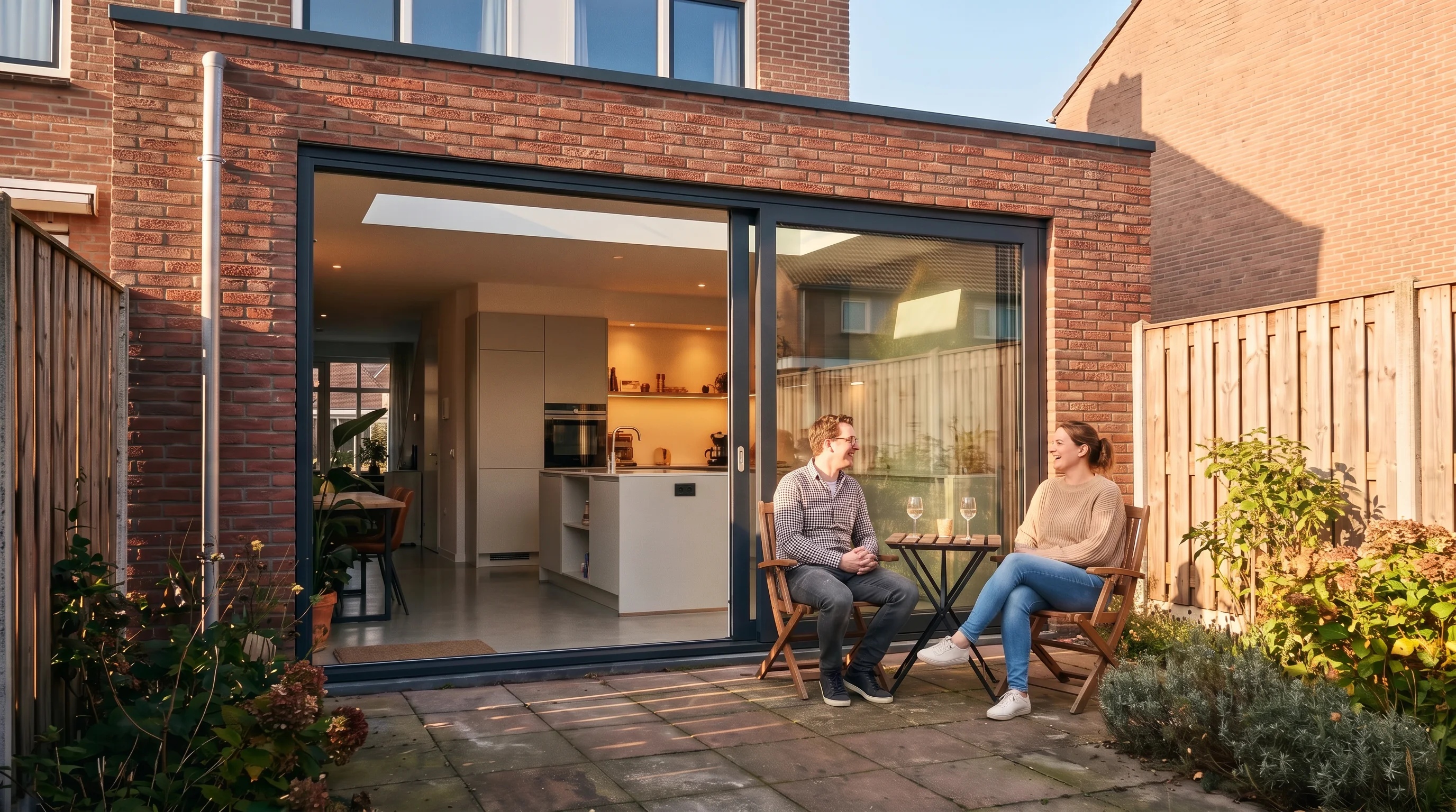 Een stel zit op een zomeravond op het terras voor hun nieuwe uitbouw