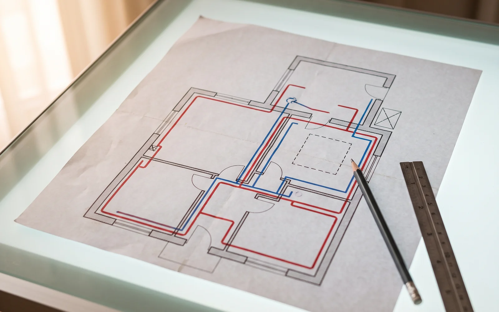 Een bouwtekening van een verbouwing met de leidingen en de plek van de buitenunit erop