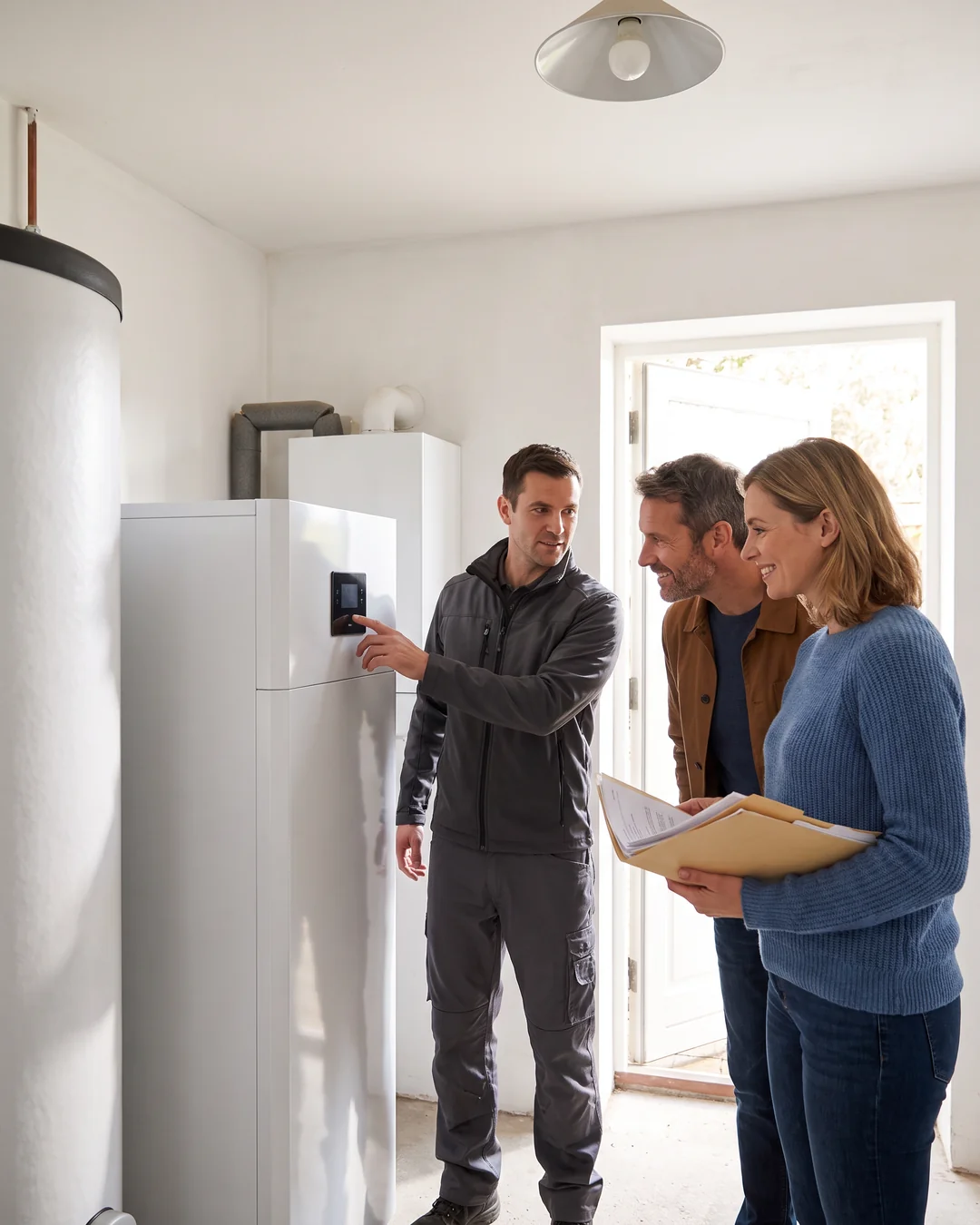 Een installateur legt de bewoners de nieuwe warmtepomp uit bij de oplevering