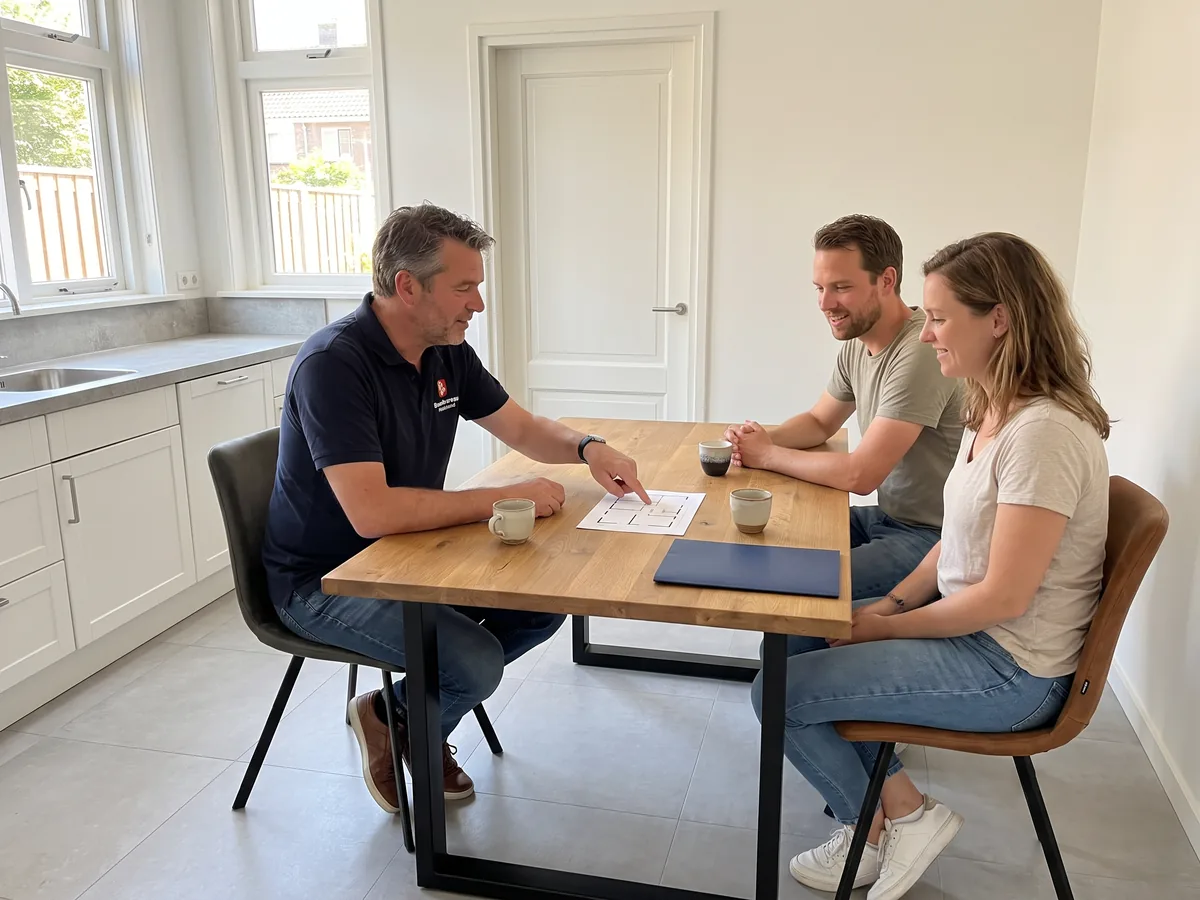 Onze adviseur neemt aan de keukentafel met de bewoners de plattegrond en de begroting door