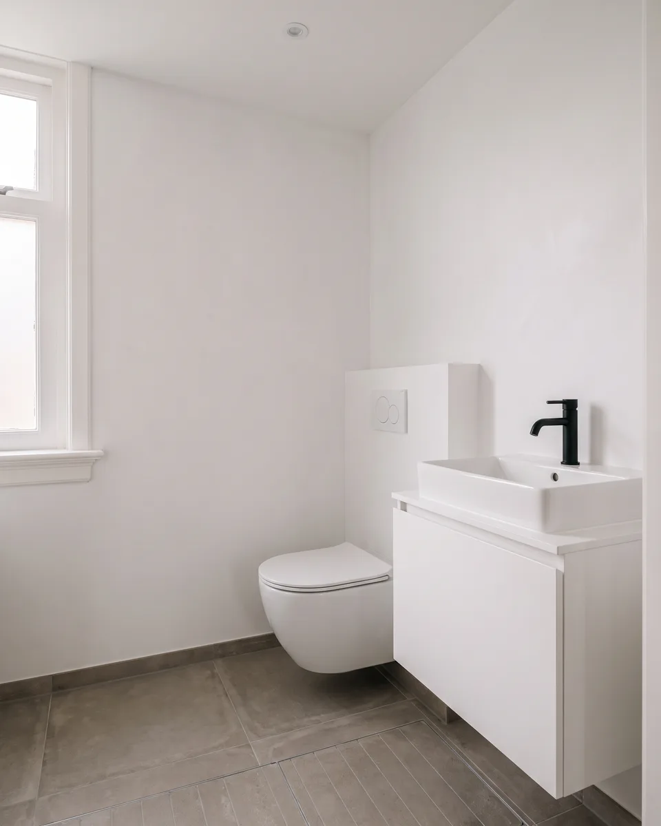 Een net verbouwde badkamer met een tegelvloer, een hangend toilet en een strak gestuct plafond, in zacht middaglicht