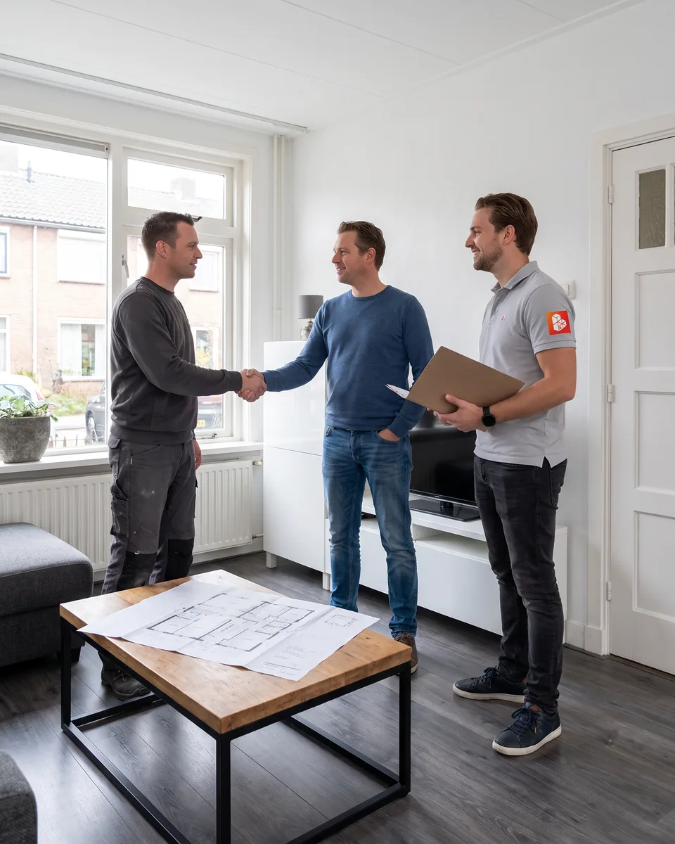 Een bouwer maakt kennis met een bewoner, onze adviseur staat erbij