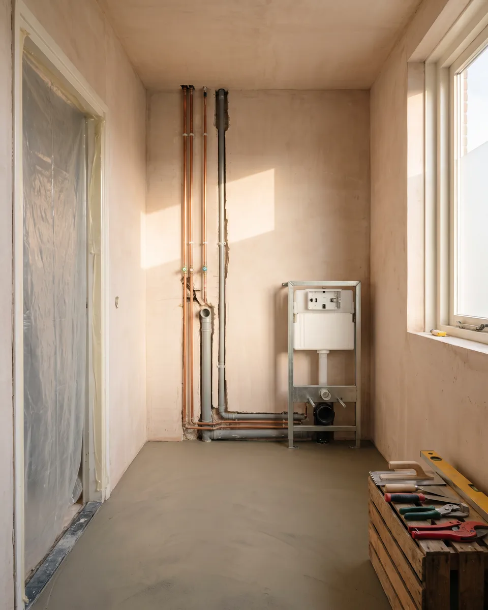 Een badkamer tijdens de verbouwing: nieuwe leidingen in de muur en een vlakke vloer, klaar voor de tegelzetter