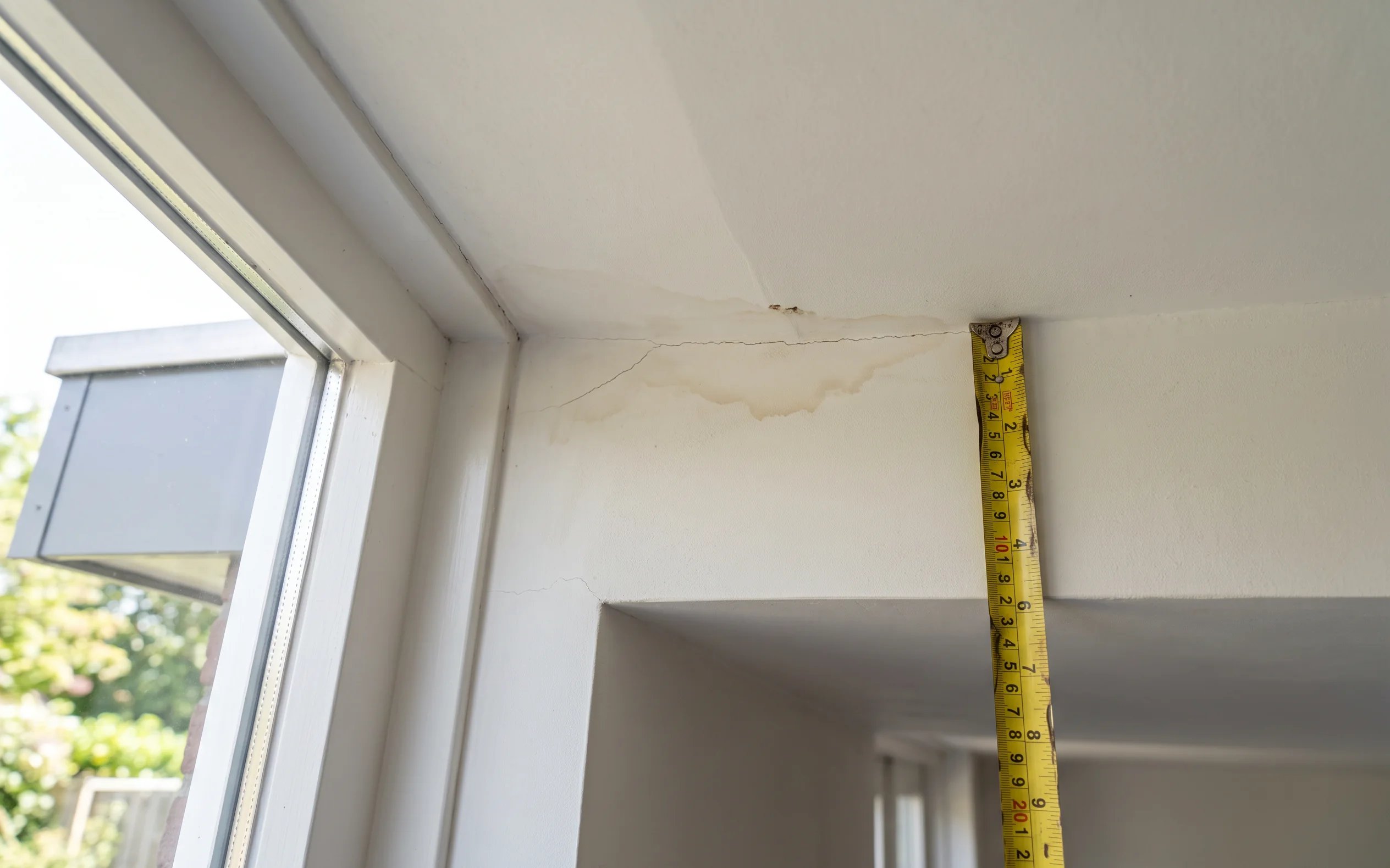 Een vochtplek en een scheur in het plafond van een uitbouw, met een meetlint ernaast.