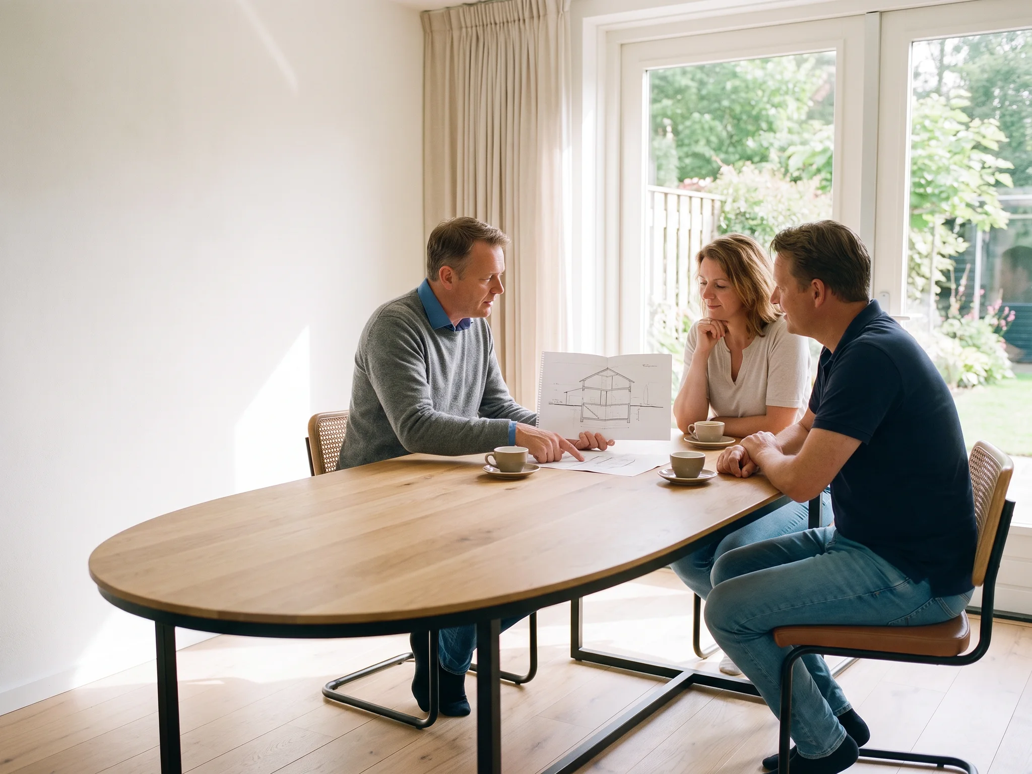 Een adviseur van ons en een stel bespreken aan een lange ovale tafel met een zwart stalen onderstel de plannen voor hun kelder