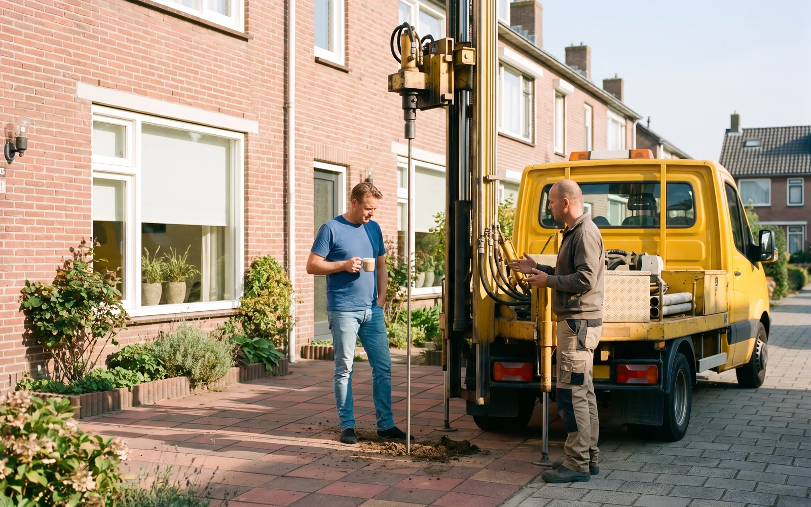 Een sonderingswagen staat in de voortuin van een rijtjeshuis terwijl de bewoner meekijkt