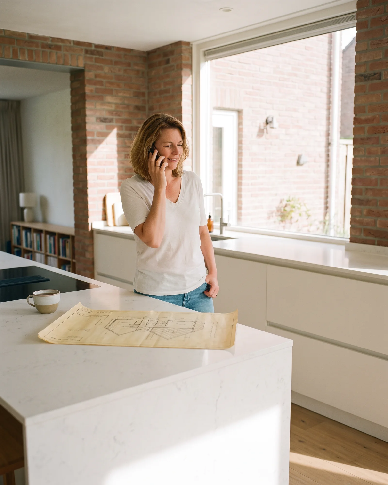 Een bewoonster belt aan een keukeneiland met een oude bouwtekening van haar huis voor zich