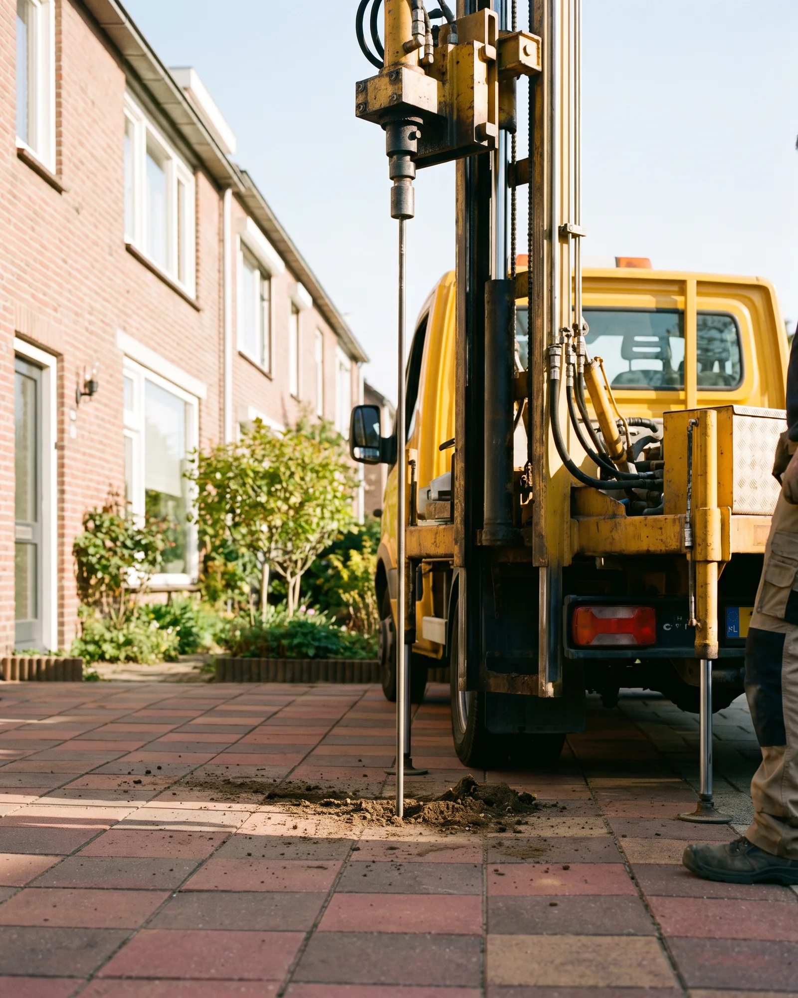 Een sonderingswagen drukt een staaf de grond in naast een rijtjeshuis