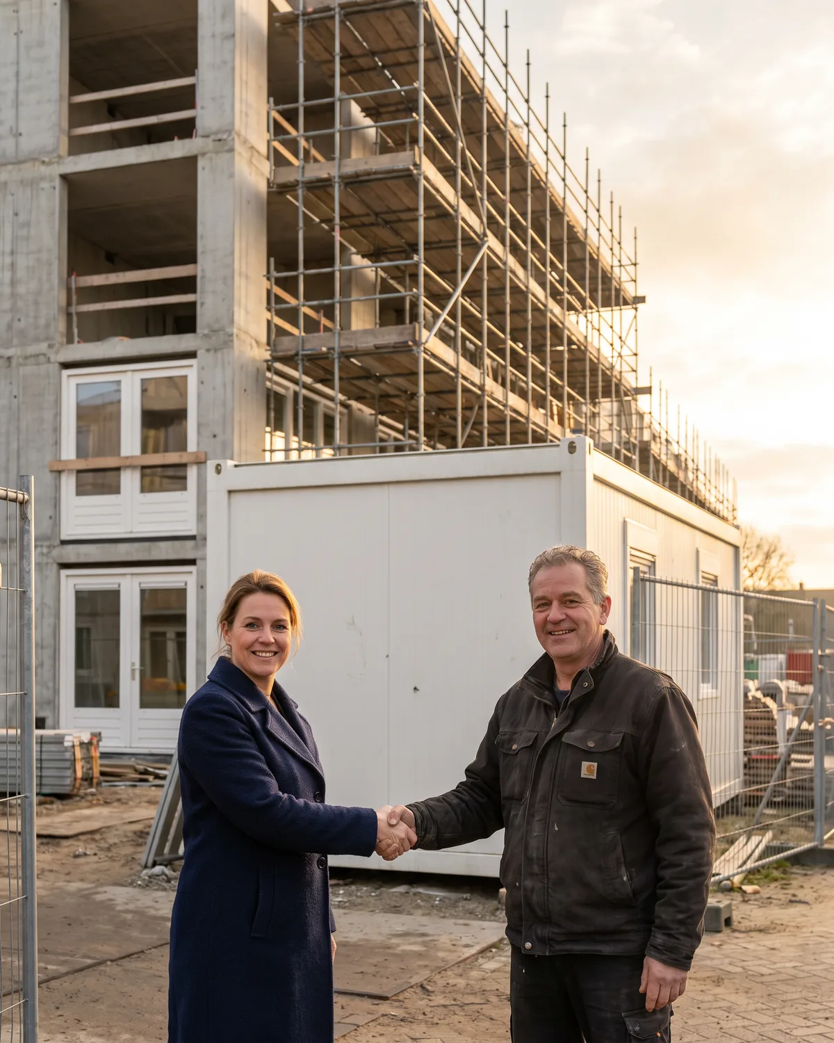 De ontwikkelaar en de directeur van het bouwbedrijf dat de opdracht kreeg, geven elkaar een hand op de bouwplaats van een nieuw appartementengebouw