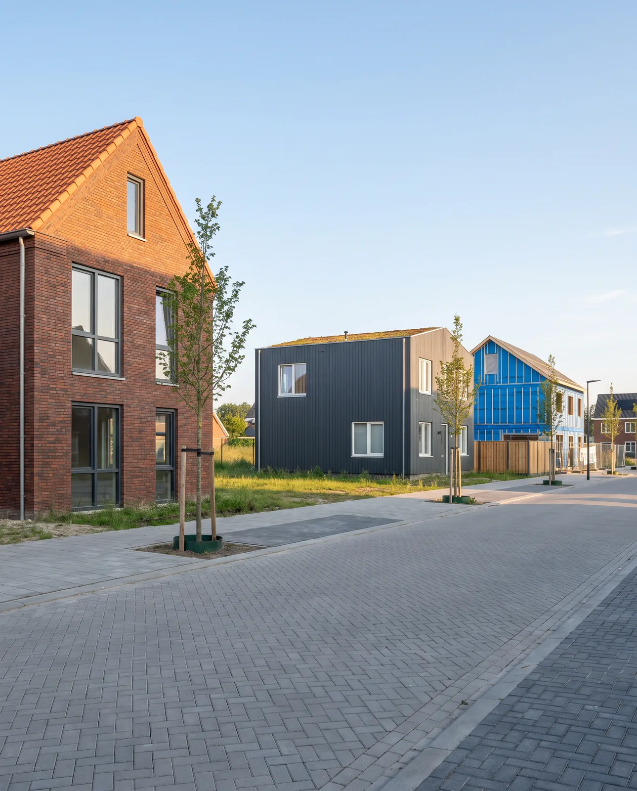 Een straat in een nieuwe wijk met vrije kavels, waar ieder huis anders is: een houten huis, een huis in baksteen en een huis in aanbouw