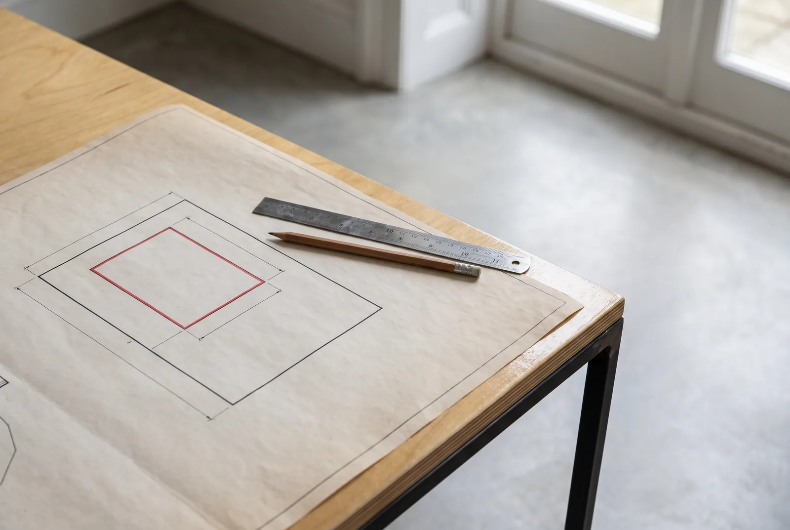 De kaart van een bouwkavel op tafel, met het bouwvlak in rood omlijnd en een liniaal erop