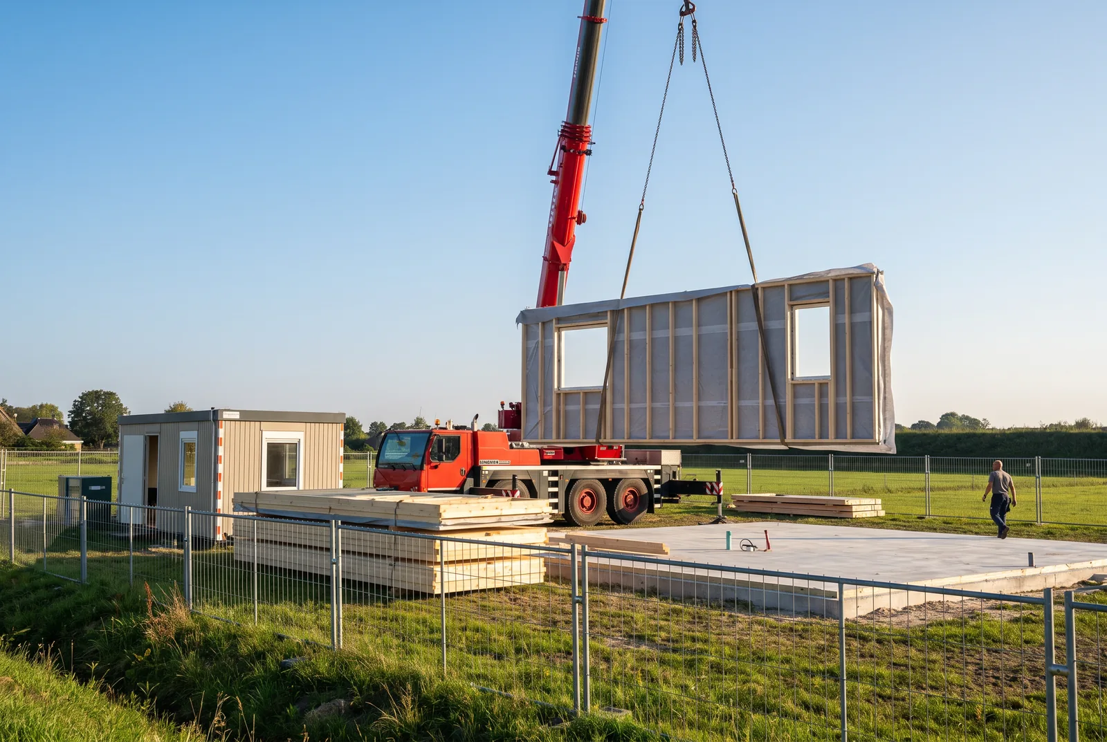 Een nieuw vrijstaand huis in aanbouw, waar een kraan een prefab wanddeel op zijn plek zet