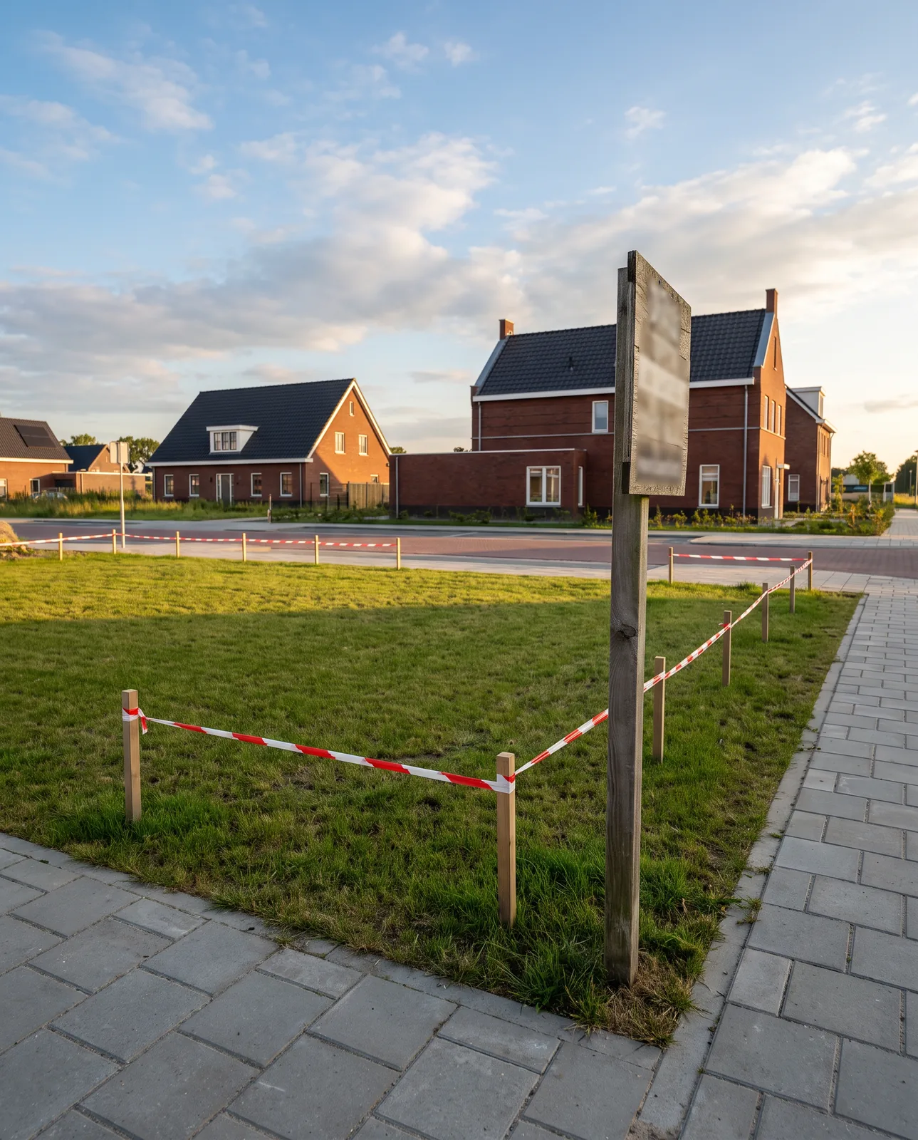 Een lege bouwkavel in een nieuwe wijk, met uitzetpaaltjes en een rood-wit lint voor het bouwvlak, in de middagzon