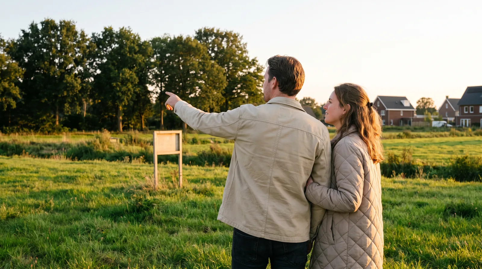 Twee mensen staan bij zonsondergang op hun lege kavel en kijken naar de plek van hun huis