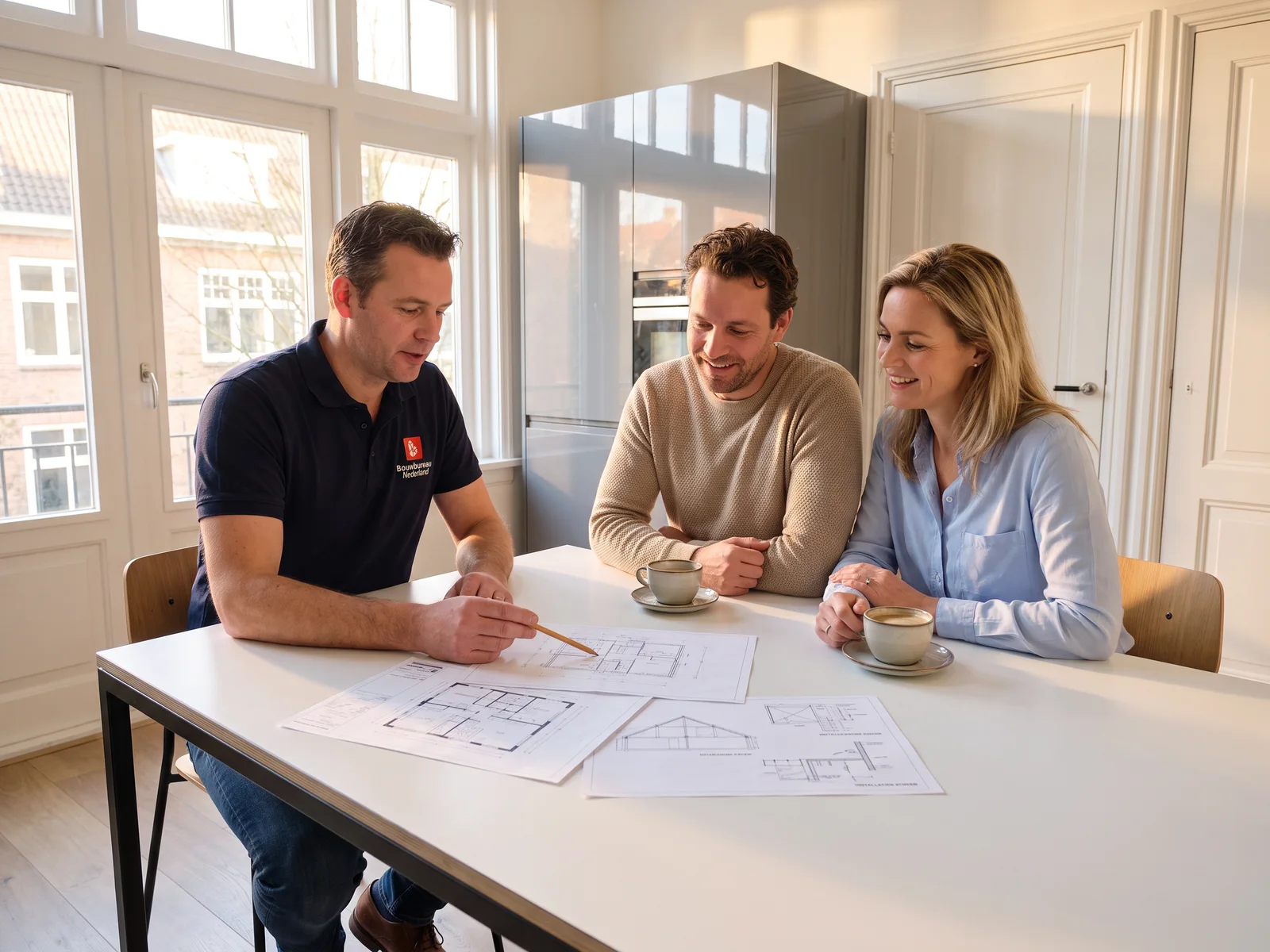 Onze bouwkundig expert neemt aan de keukentafel de tekeningen door met de bewoners
