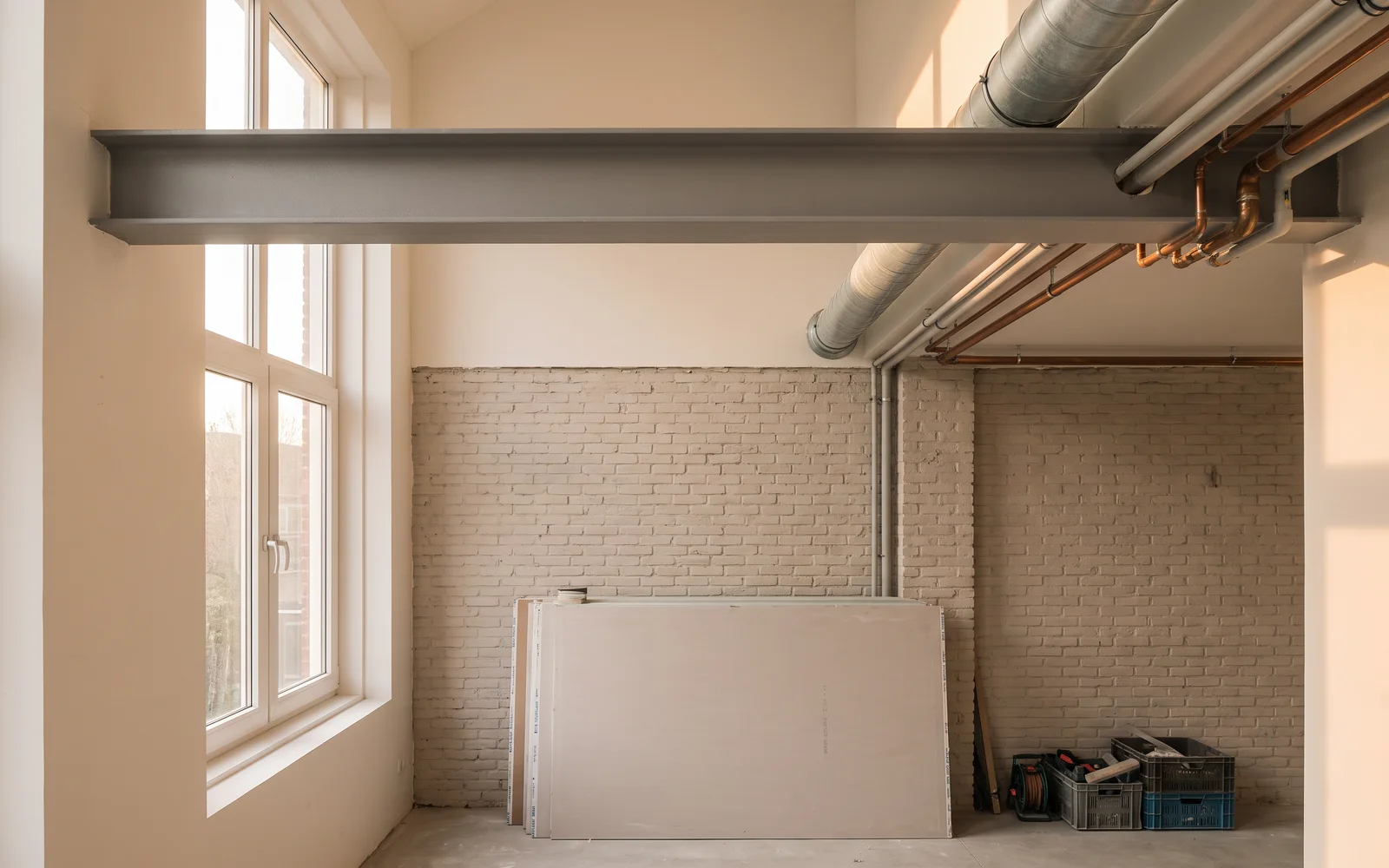 Een open plafond in een verbouwing, waar een ventilatiekanaal langs een stalen balk loopt