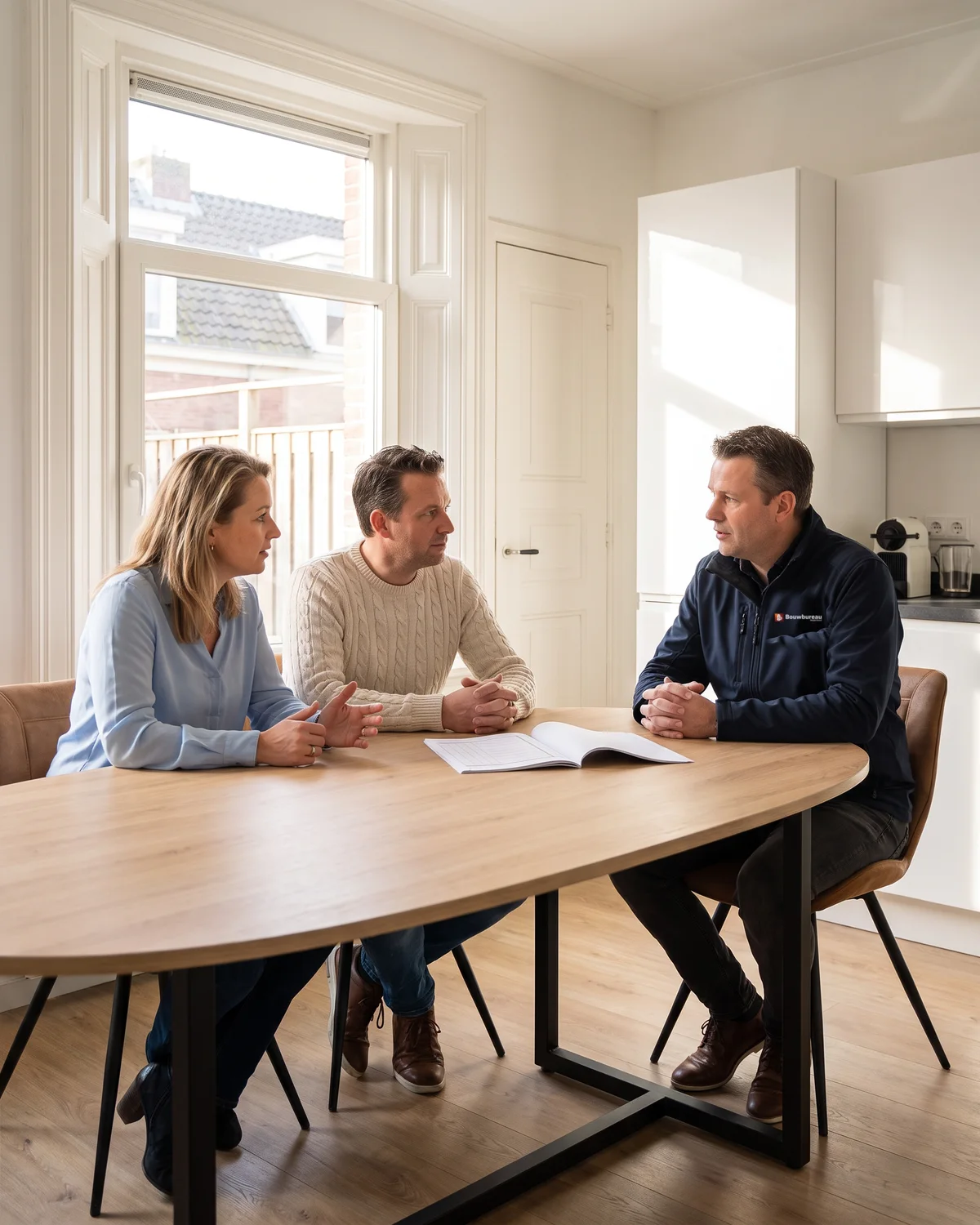 De bewoners en onze bouwkundig expert aan een lange ovale tafel, met de begroting voor zich