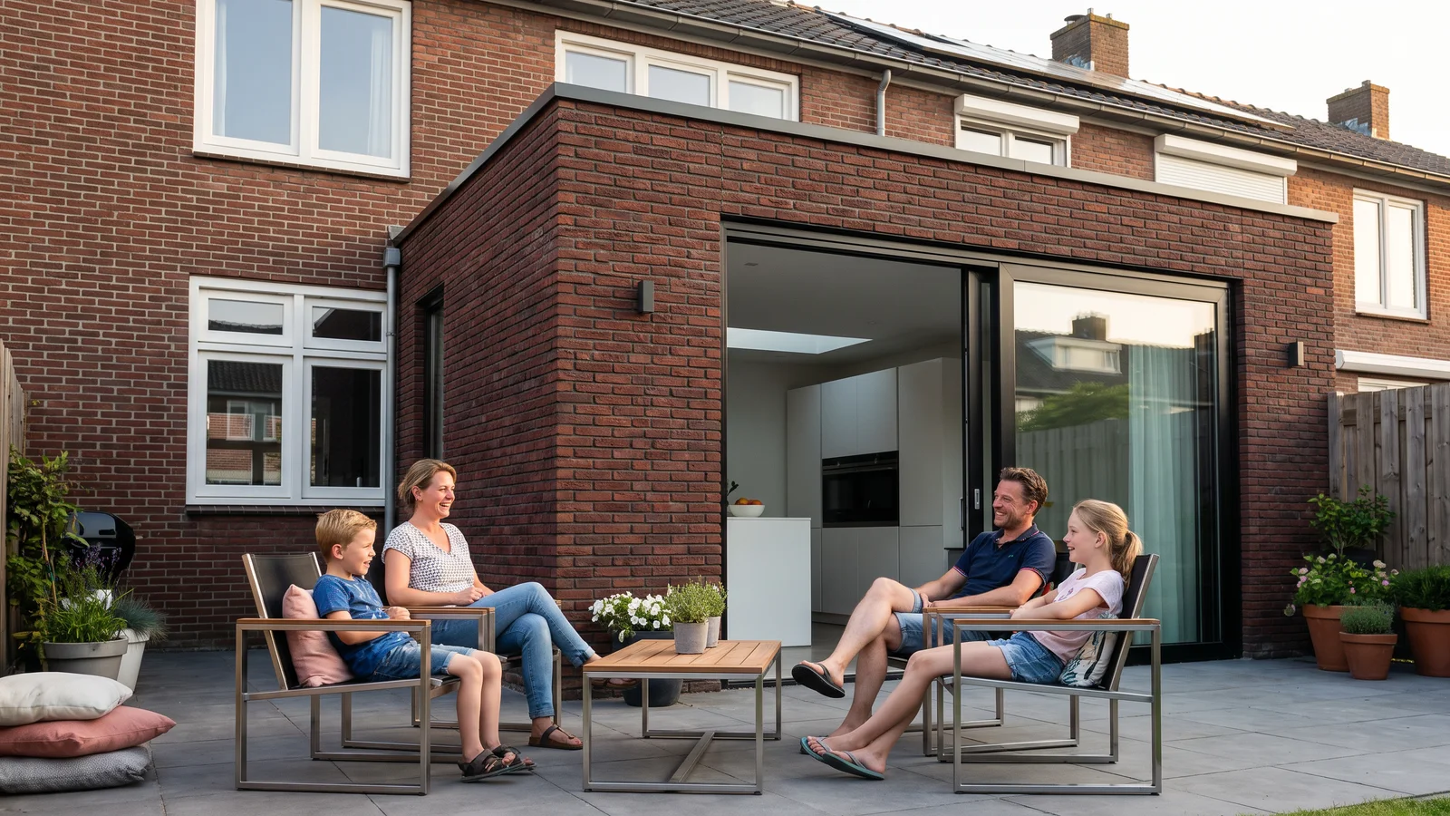Een gezin op het terras voor hun nieuwe aanbouw met schuifpui, in de avondzon