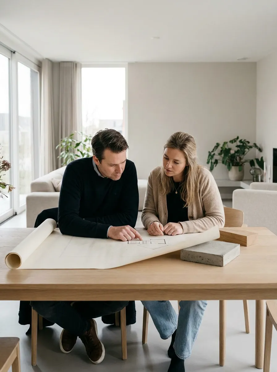 Bewoners bekijken tekeningen en informatie voor hun bouwplan